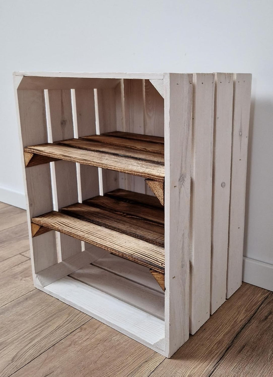 Single-Tier Burnt White Wooden Crate Storage Shelf Organizer 50x40x30cm