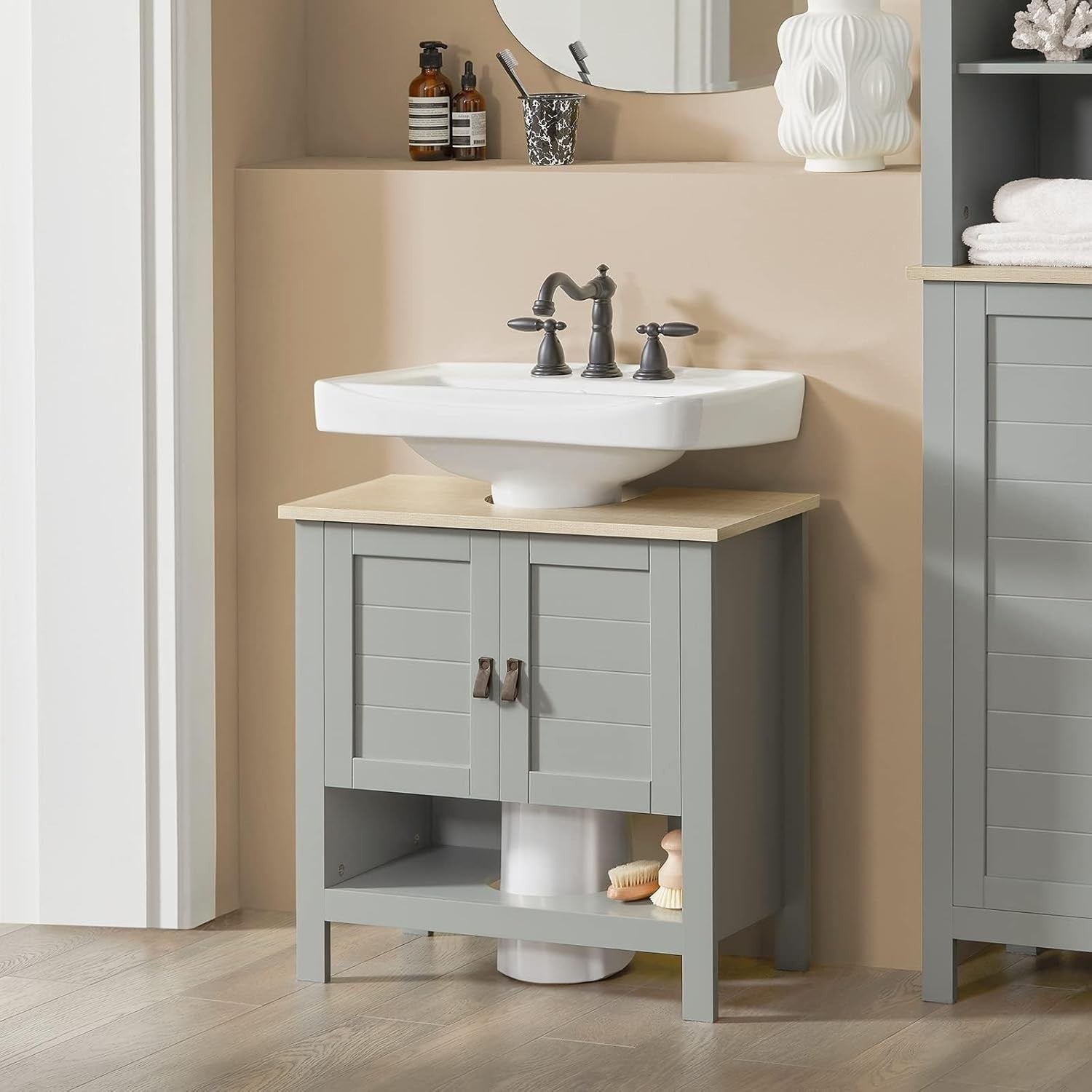 Light Grey Under Sink Bathroom Cabinet 2 Door Vanity Unit Shelf 60x60cm MDF