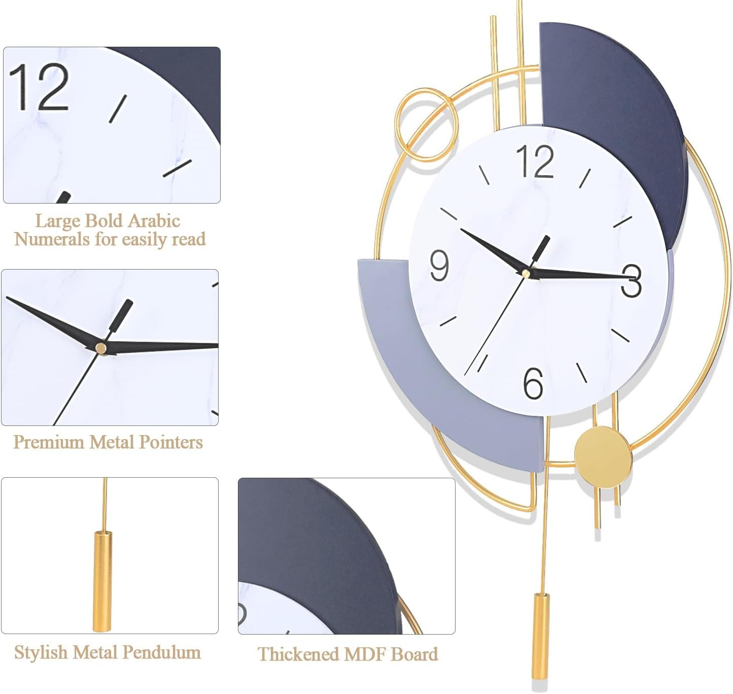 Large Modern Wall Clock Silent Non-Ticking Luxury Decorative Clock 33×54cm