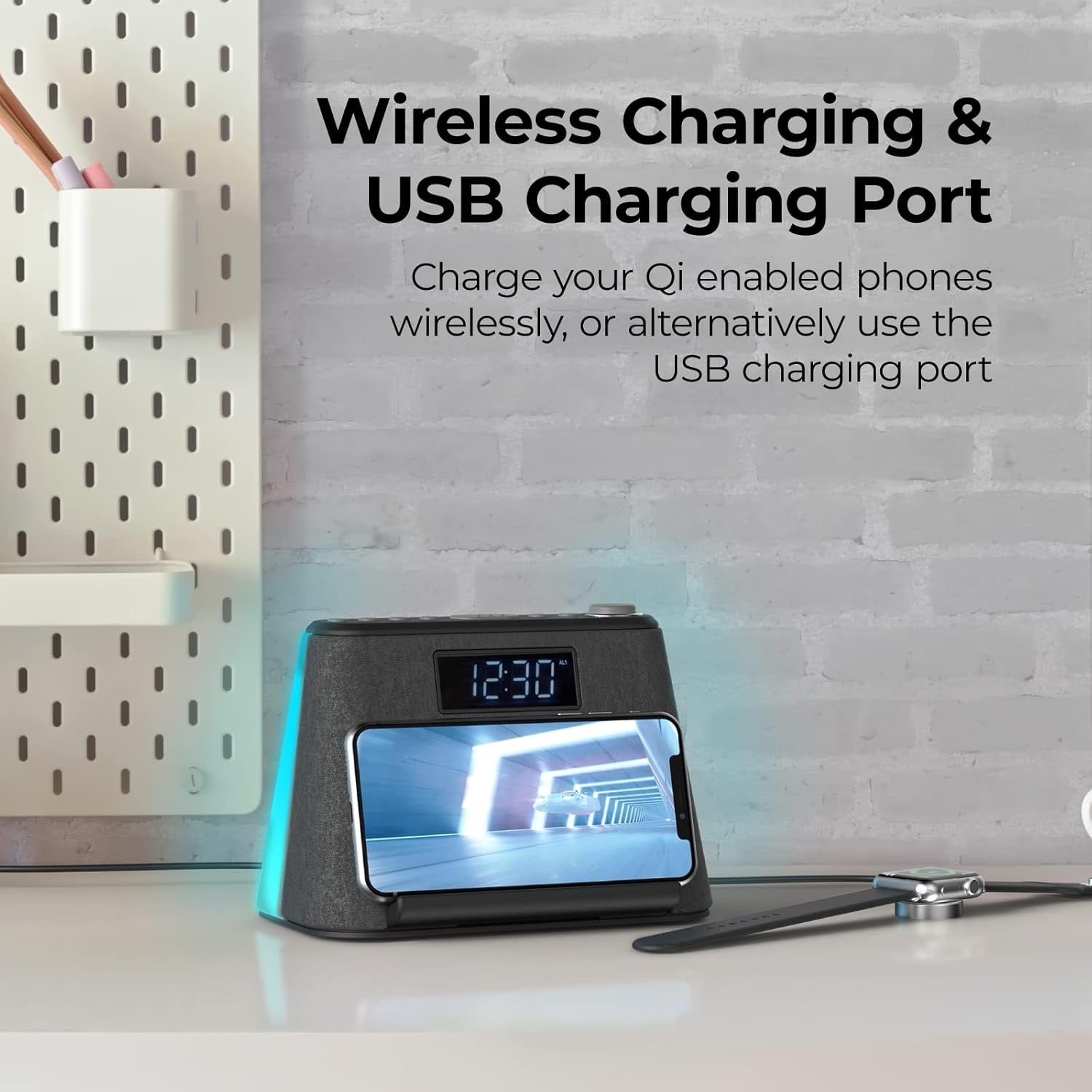 Wireless Charging Alarm Clock Bluetooth Speaker FM Radio Qi USB Night Light