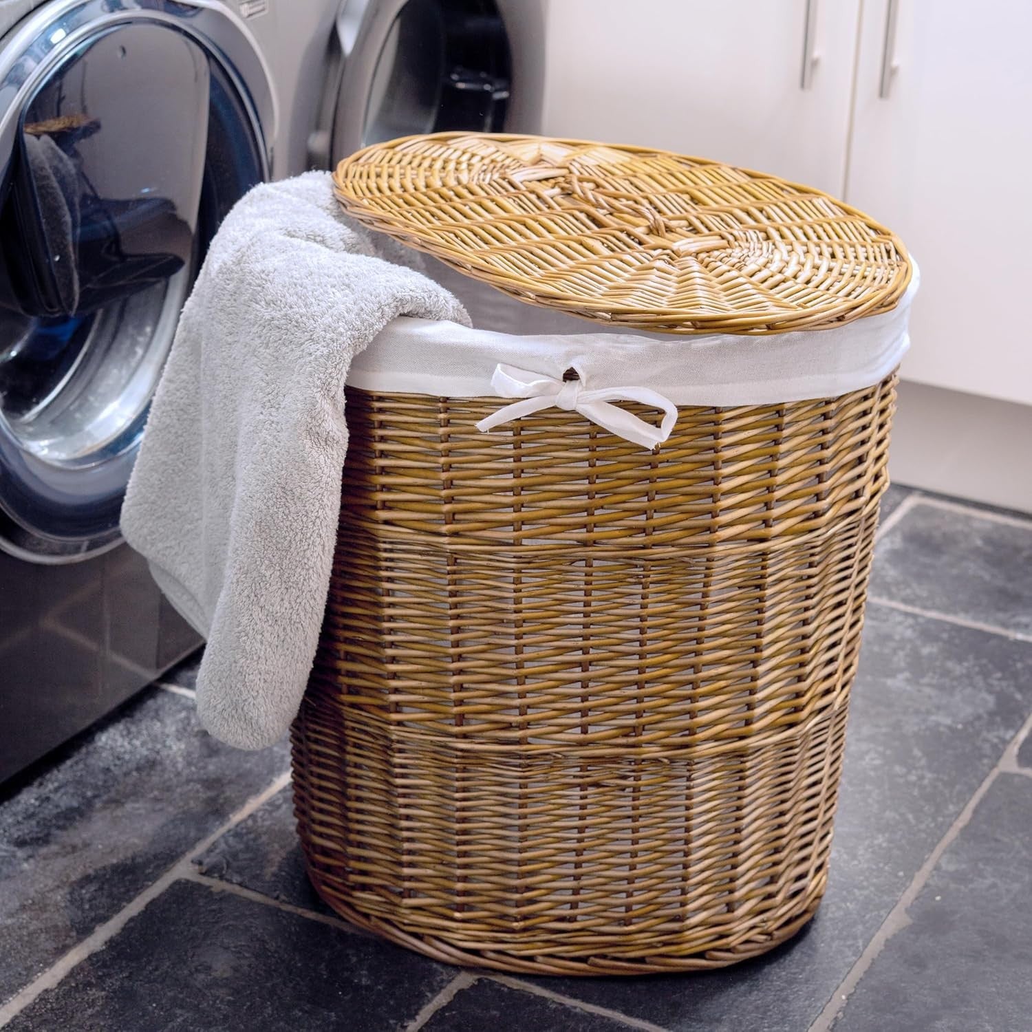 Large Oval Wicker Laundry Basket with Lid, Natural Willow Hamper 51×37×59cm