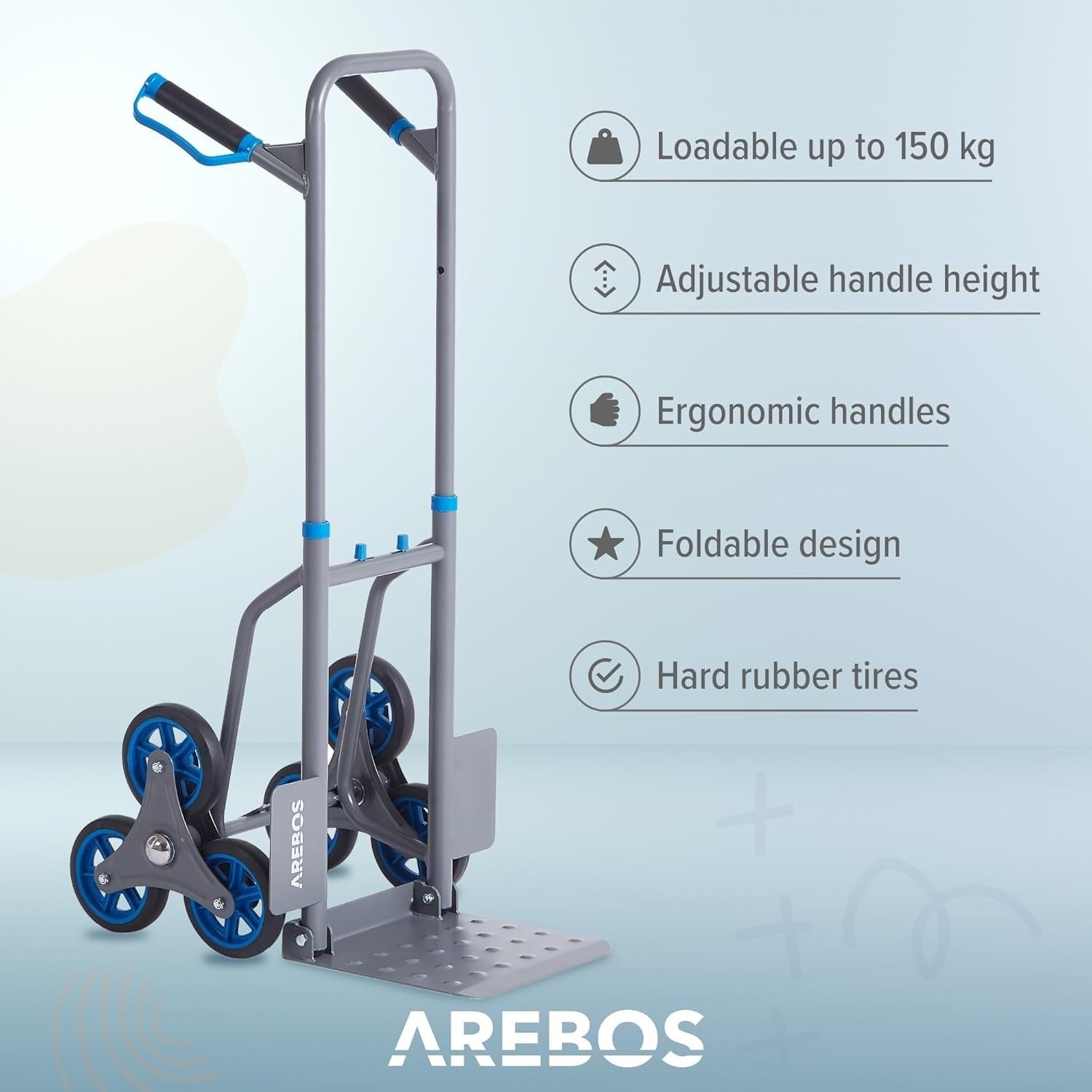 Foldable Stair Climber Sack Truck 150kg Steel Frame Adjustable Handle Grey