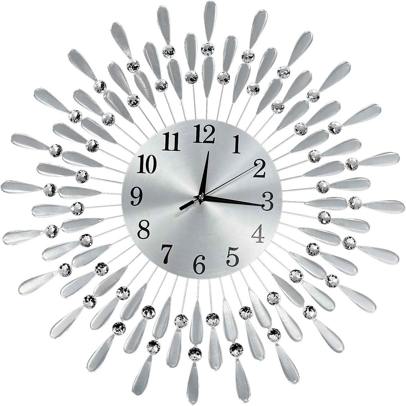 60cm Silver Sunburst Wall Clock – Luxury Diamante Beaded Modern Metal Design