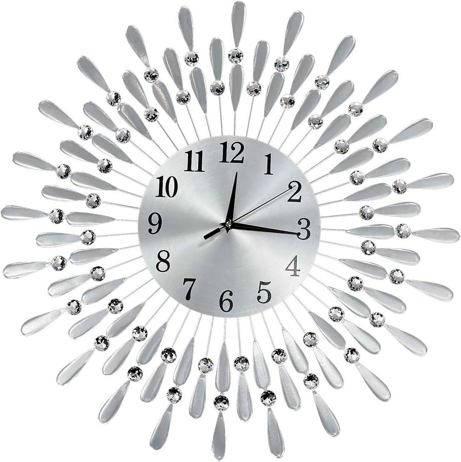 60cm Silver Sunburst Wall Clock – Luxury Diamante Beaded Modern Metal Design