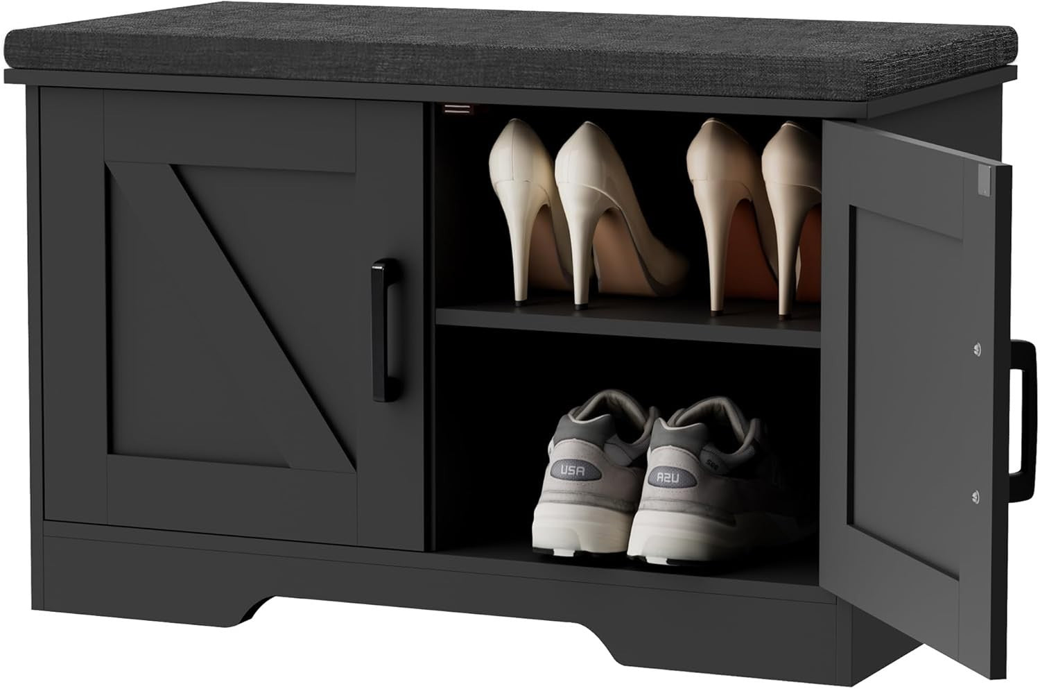 Black 2-Tier Shoe Bench with Cushion & Adjustable Shelf 70x35x45cm