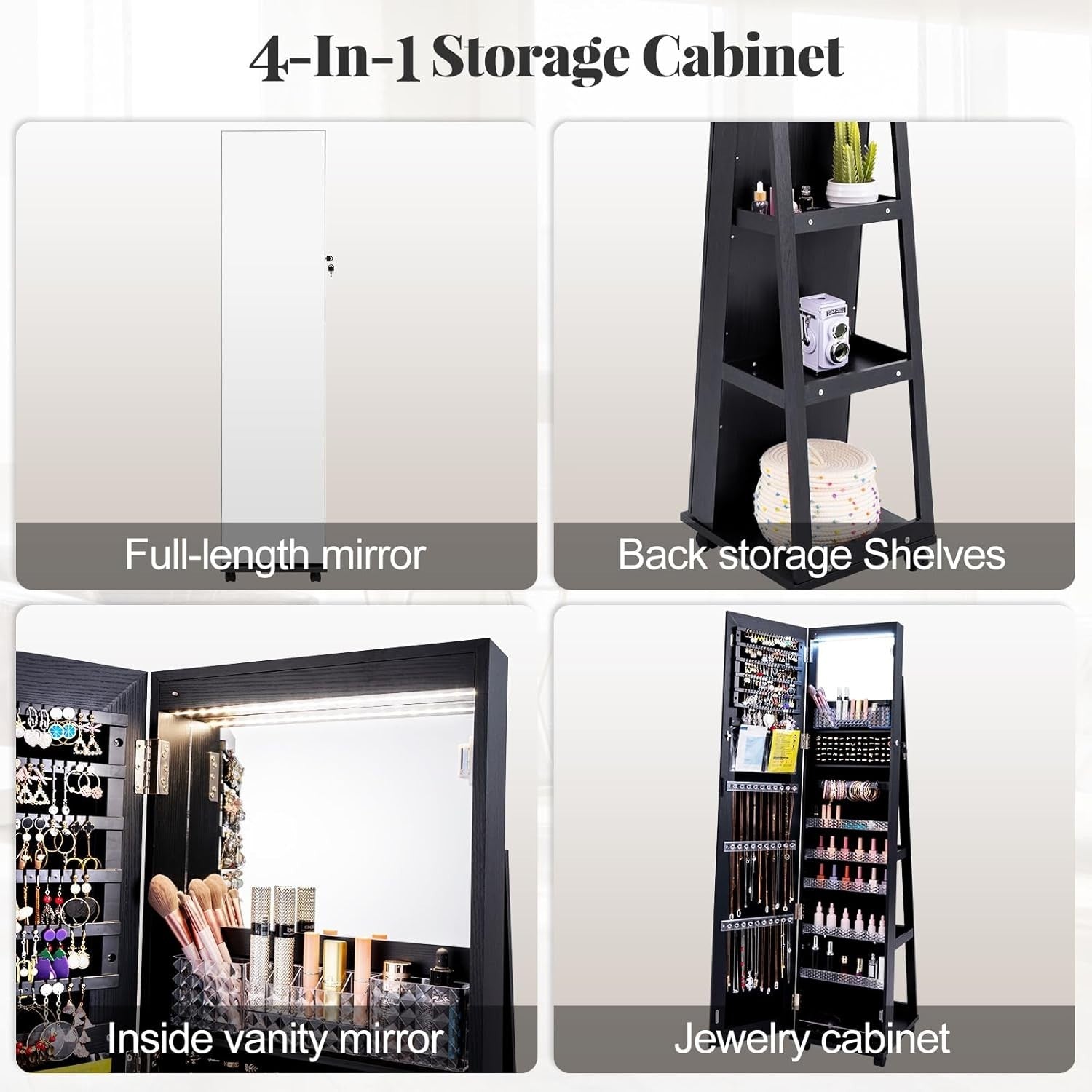 Black LED Jewelry Cabinet Mirror Lockable Rolling Storage Organizer