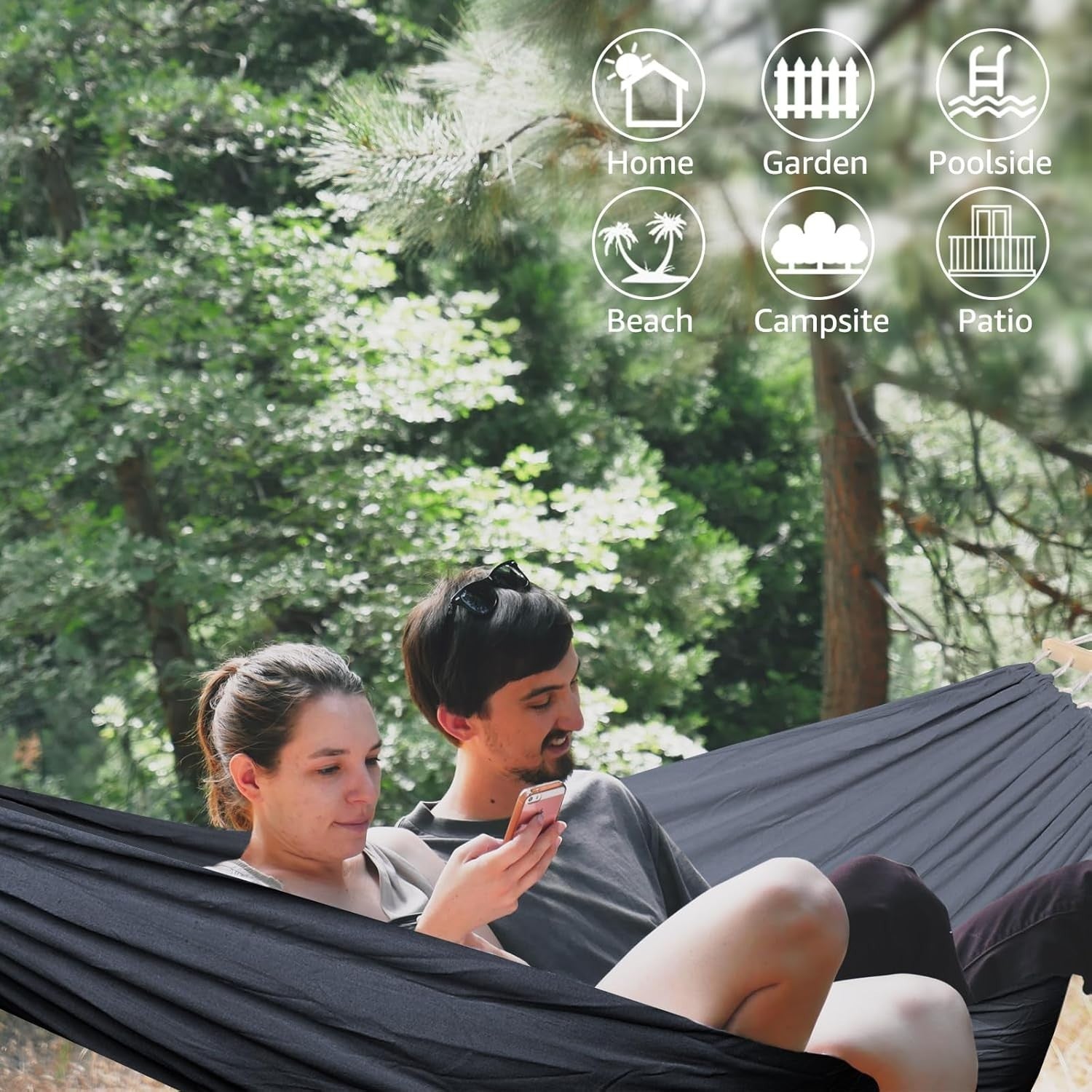 Outdoor Cotton Hammock with Spreader Bars & Tree Straps – Portable - Black