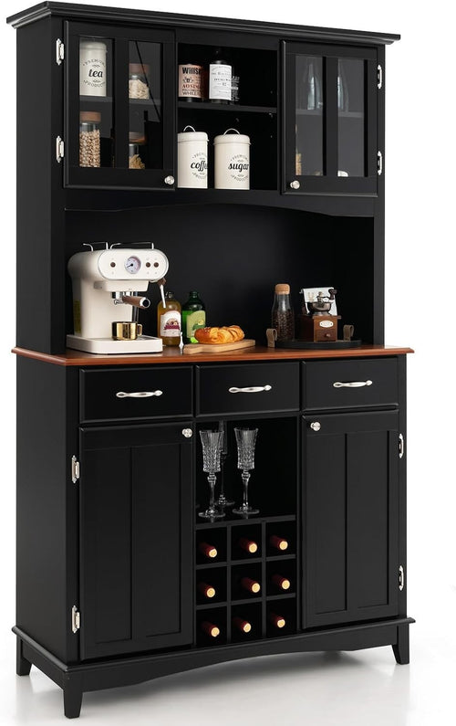 Black Tall Kitchen Storage Cabinet Buffet Cupboard with Drawers & Wine