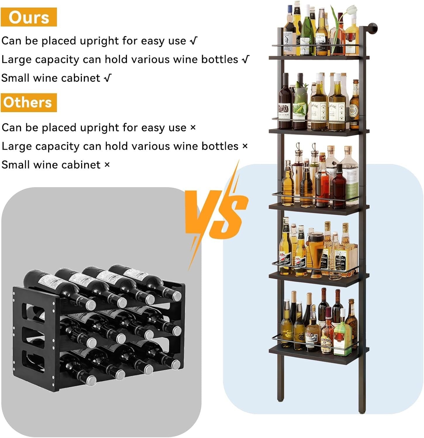 5-Tier Tall Wine Rack Bottle Storage Shelf Wall Mounted Freestanding Bar