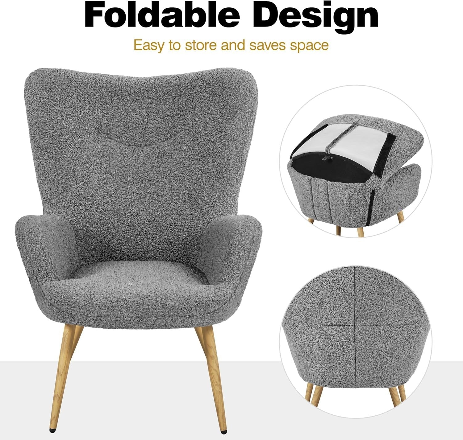 Cozy Sherpa Fuzzy Tub Chair with Folding Backrest & Wooden Legs, Grey
