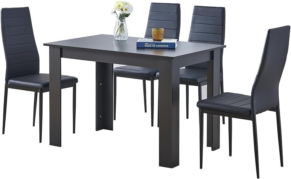 Black Leather Dining Set 5-Piece | Modern Kitchen Table & Chairs