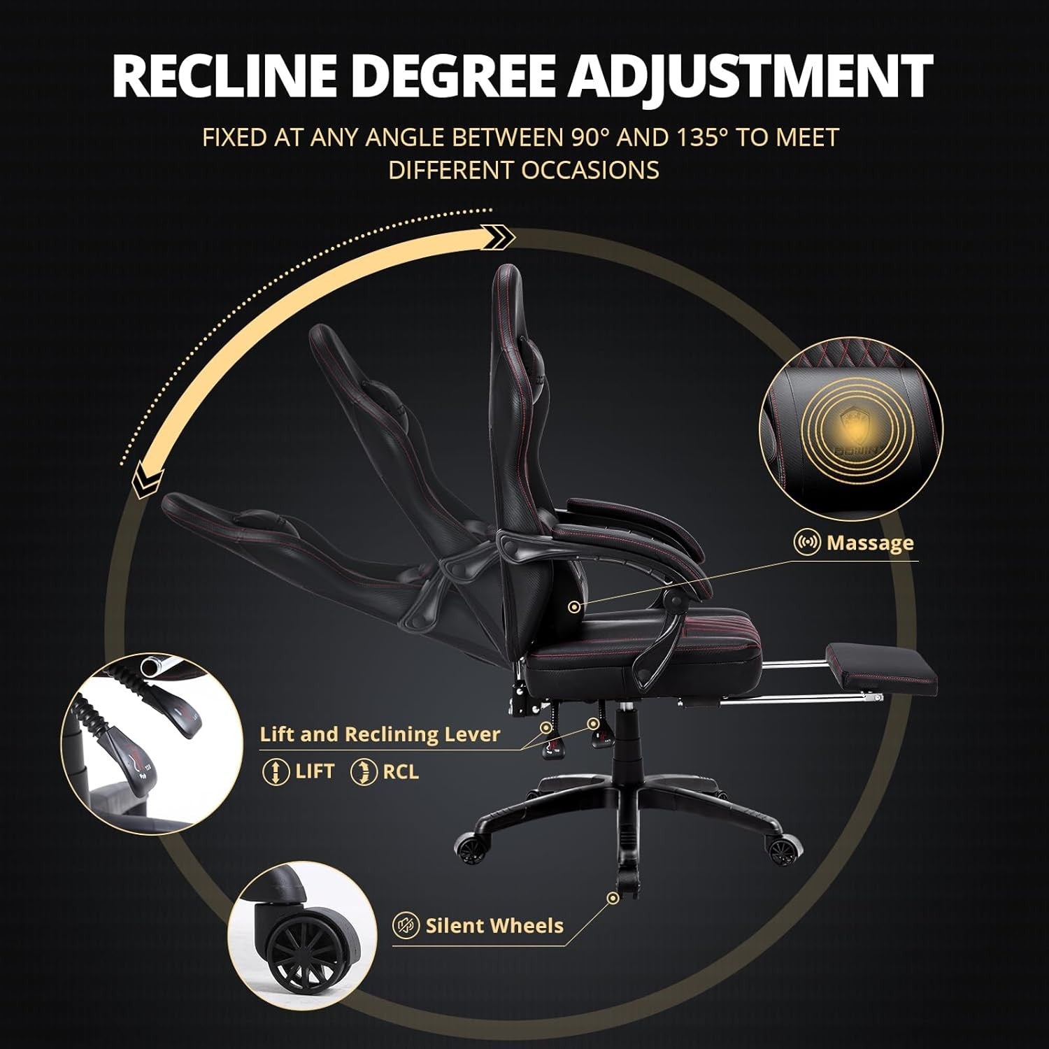 Gaming Chair Pocket Spring Cushion Massage Lumbar Footrest Black