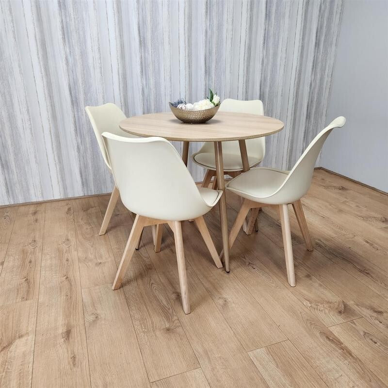 Round Wooden Dining Table Set with 4 White Chairs for Kitchen or Home