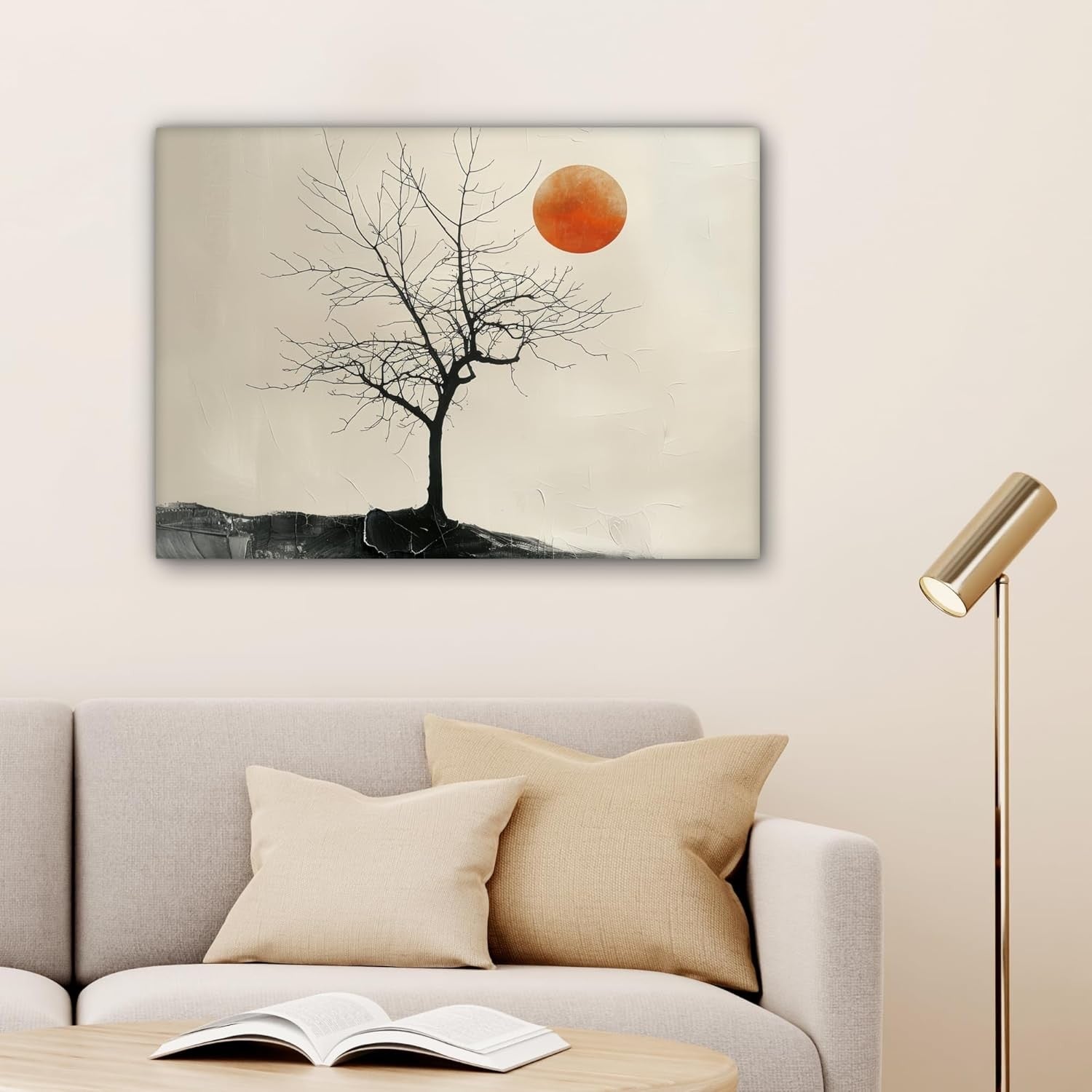 Large Canvas Wall Art 70x50cm Modern Black Tree Orange Moon Print
