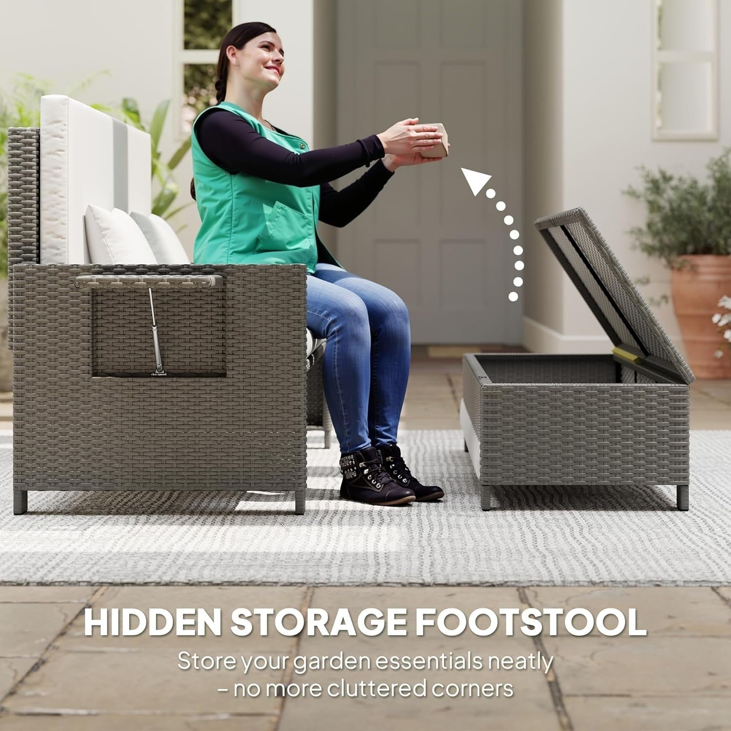 3-in-1 Light Grey Rattan Outdoor Daybed with Adjustable Back & Ottoman