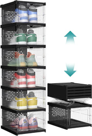 Pack of 6 Stackable Foldable Shoe Boxes Cabinet Transparent/Black 105x25x105 cm
