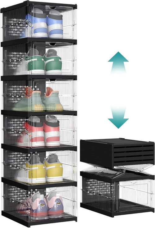 Pack of 6 Stackable Foldable Shoe Boxes Cabinet Transparent/Black 105x25x105 cm