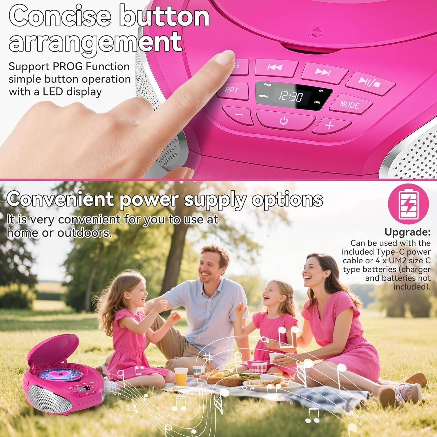 Portable CD Player Boombox Speakers FM Radio AUX Headphone Jack Pink