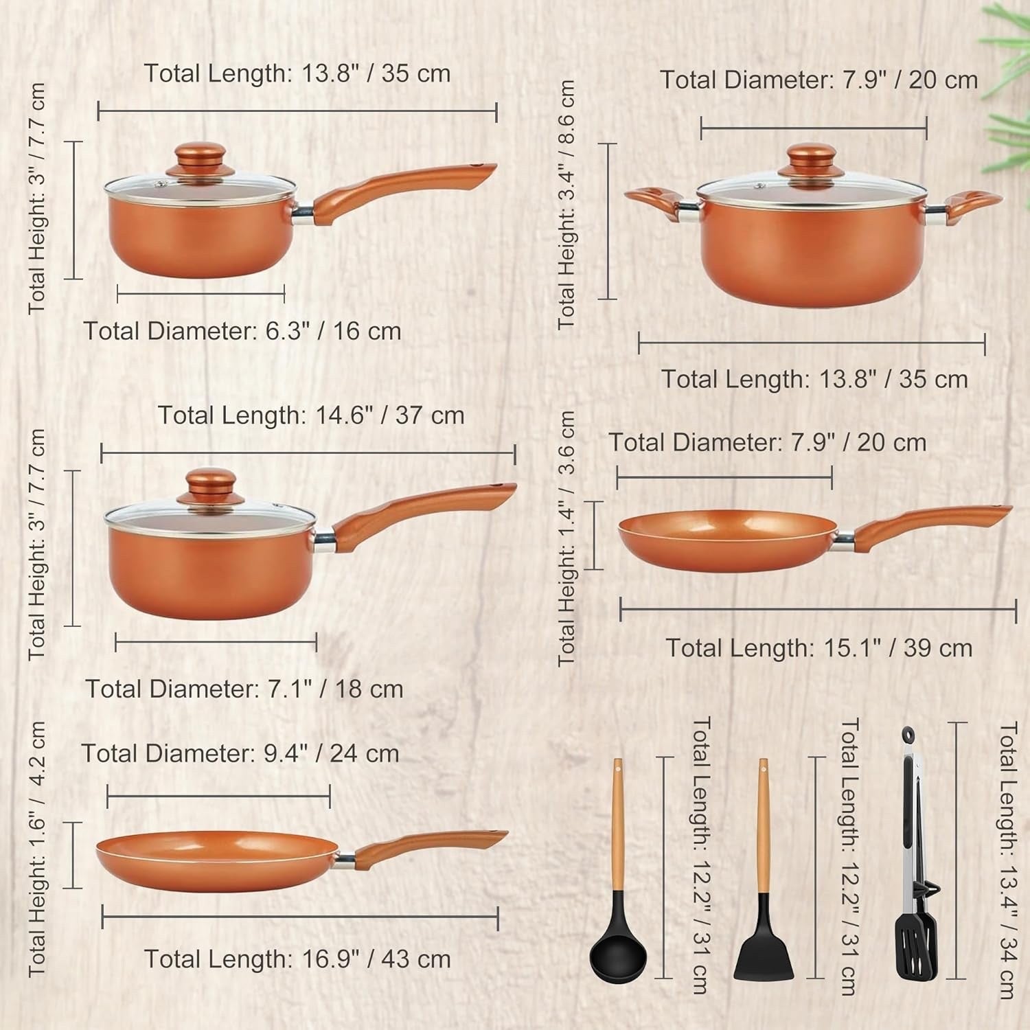 11pcs Copper Non Stick Cookware Set Induction Pots & Pans Dishwasher Safe