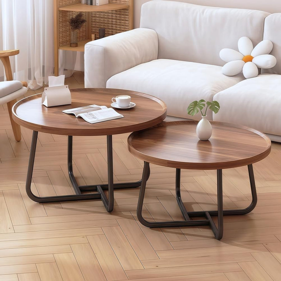Walnut Nesting Coffee Tables Set of 2 Round Side Table Living Room Storage