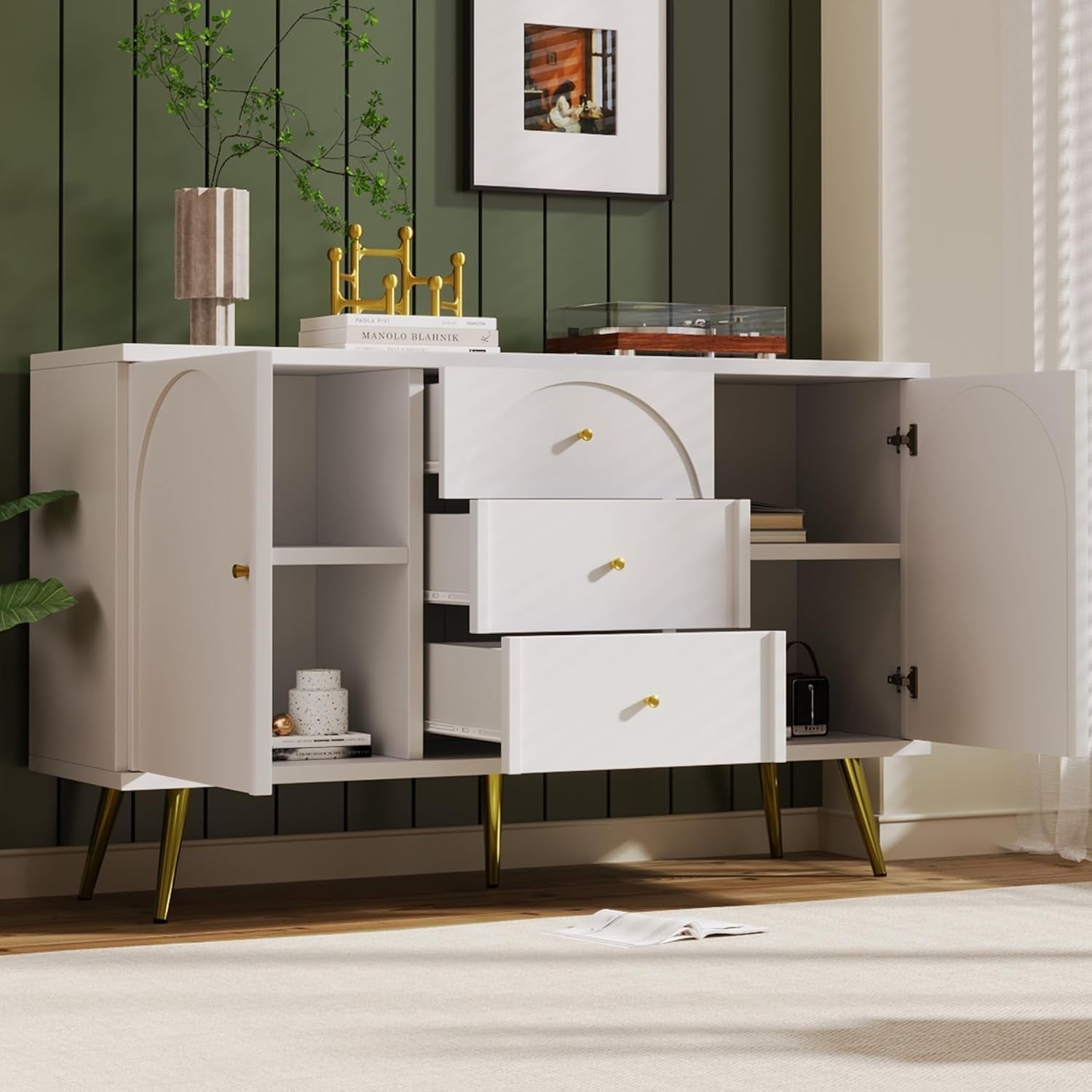Modern Cream White Storage Cabinet with 2 Doors & 3 Drawers Adjustable Shelf
