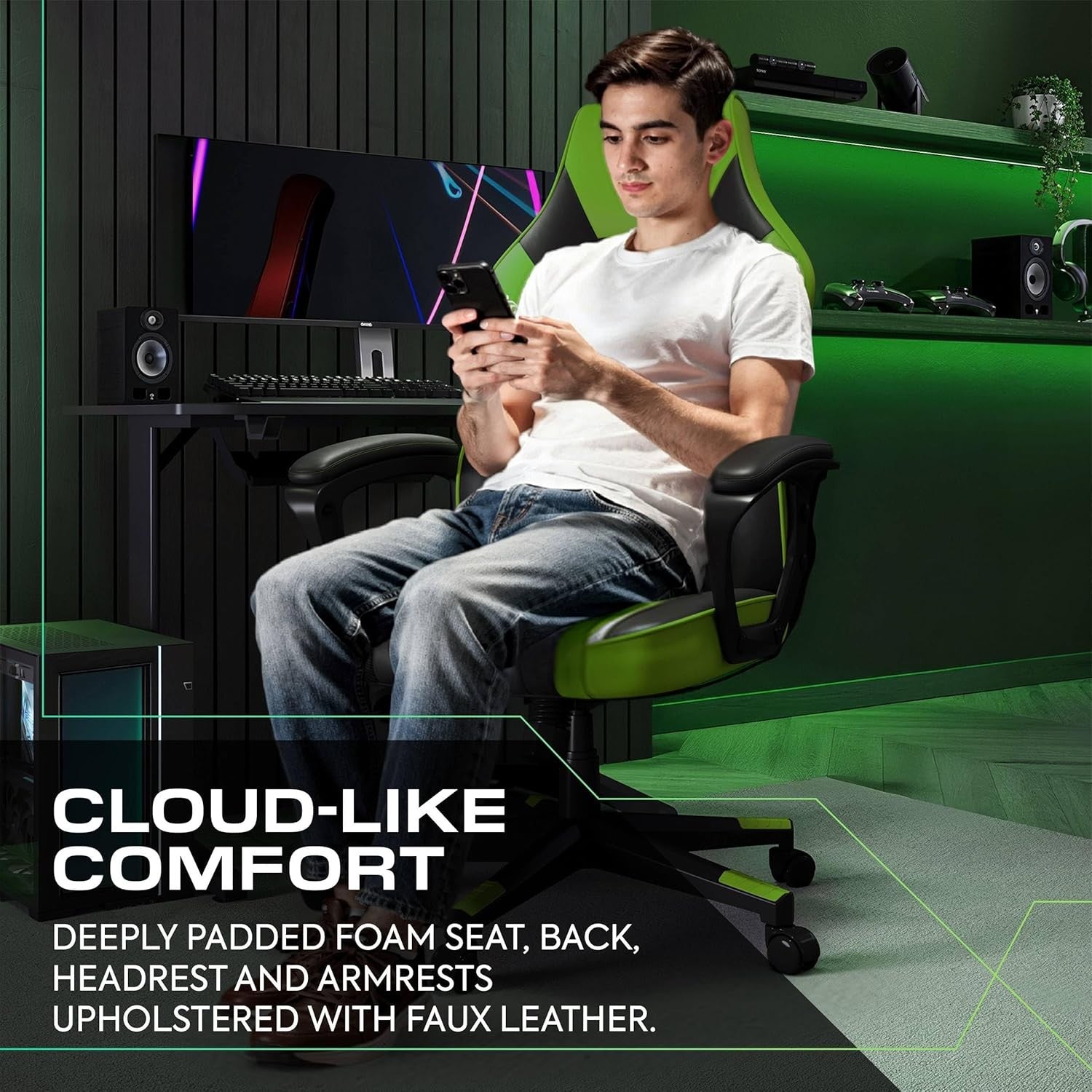 Ergonomic Gaming Chair High Back Wide Seat Green
