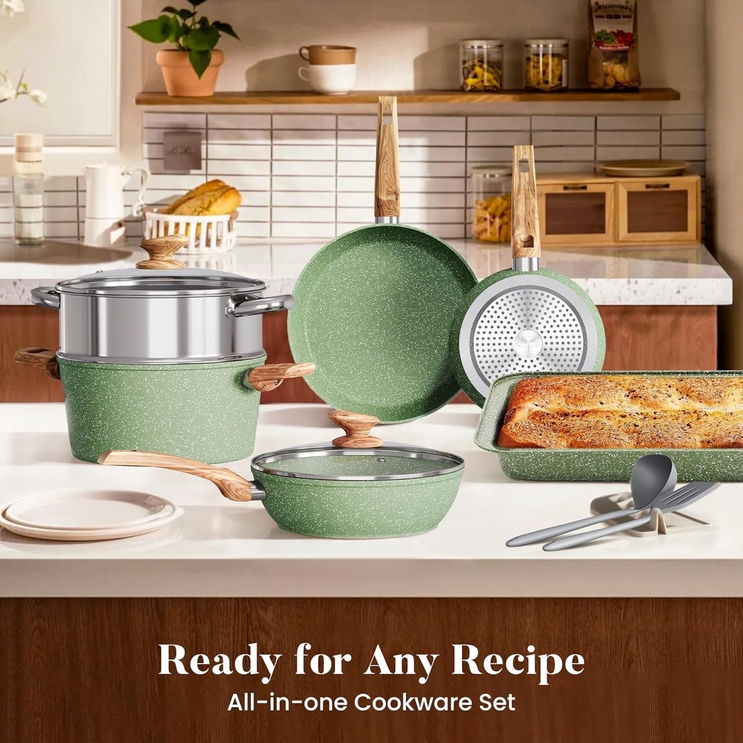 17pcs Green Granite Induction Cookware Set Non Stick Pots & Pans Oven Safe