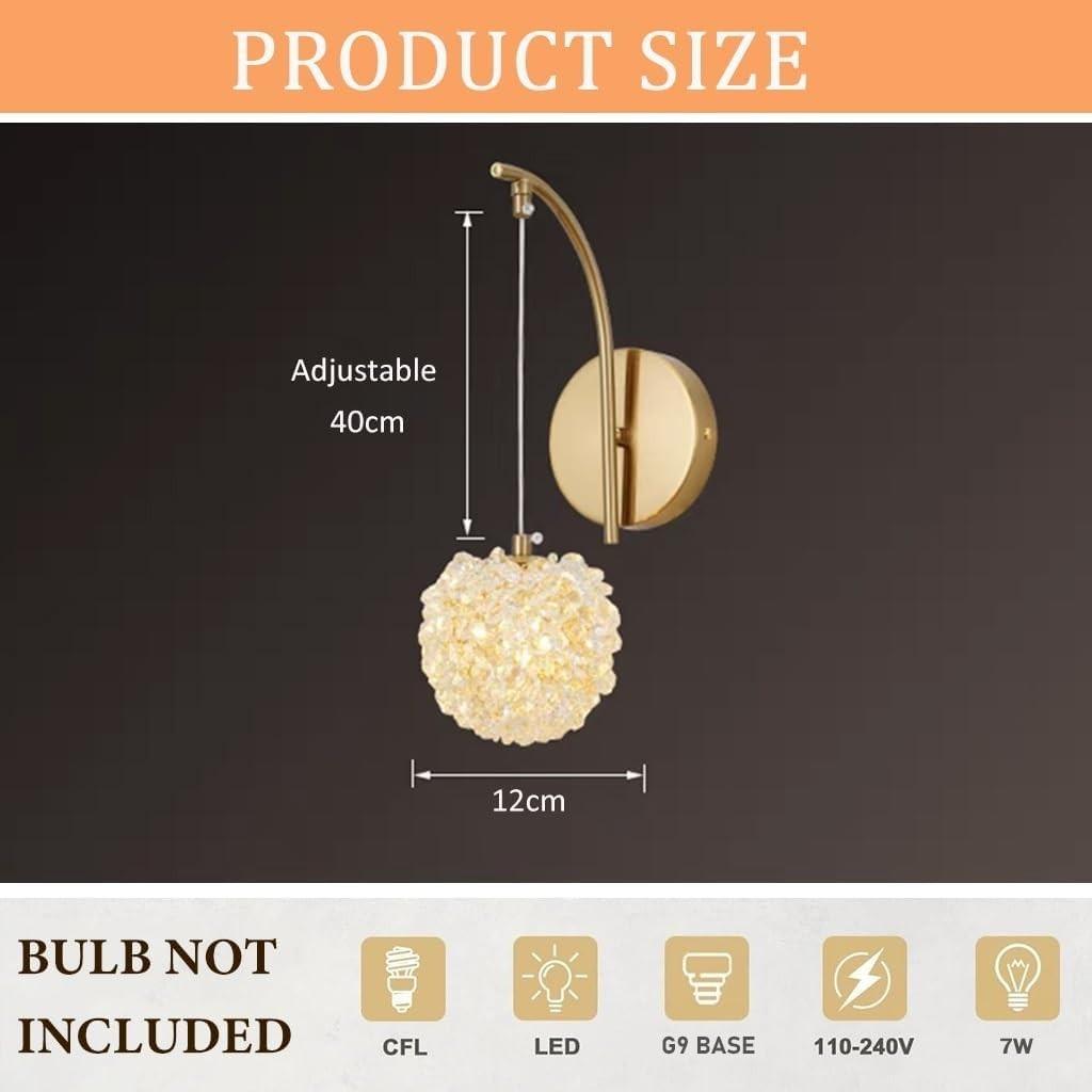 Elegant Crystal Wall Sconce Light with Gold Finish, Adjustable G9 Bulb