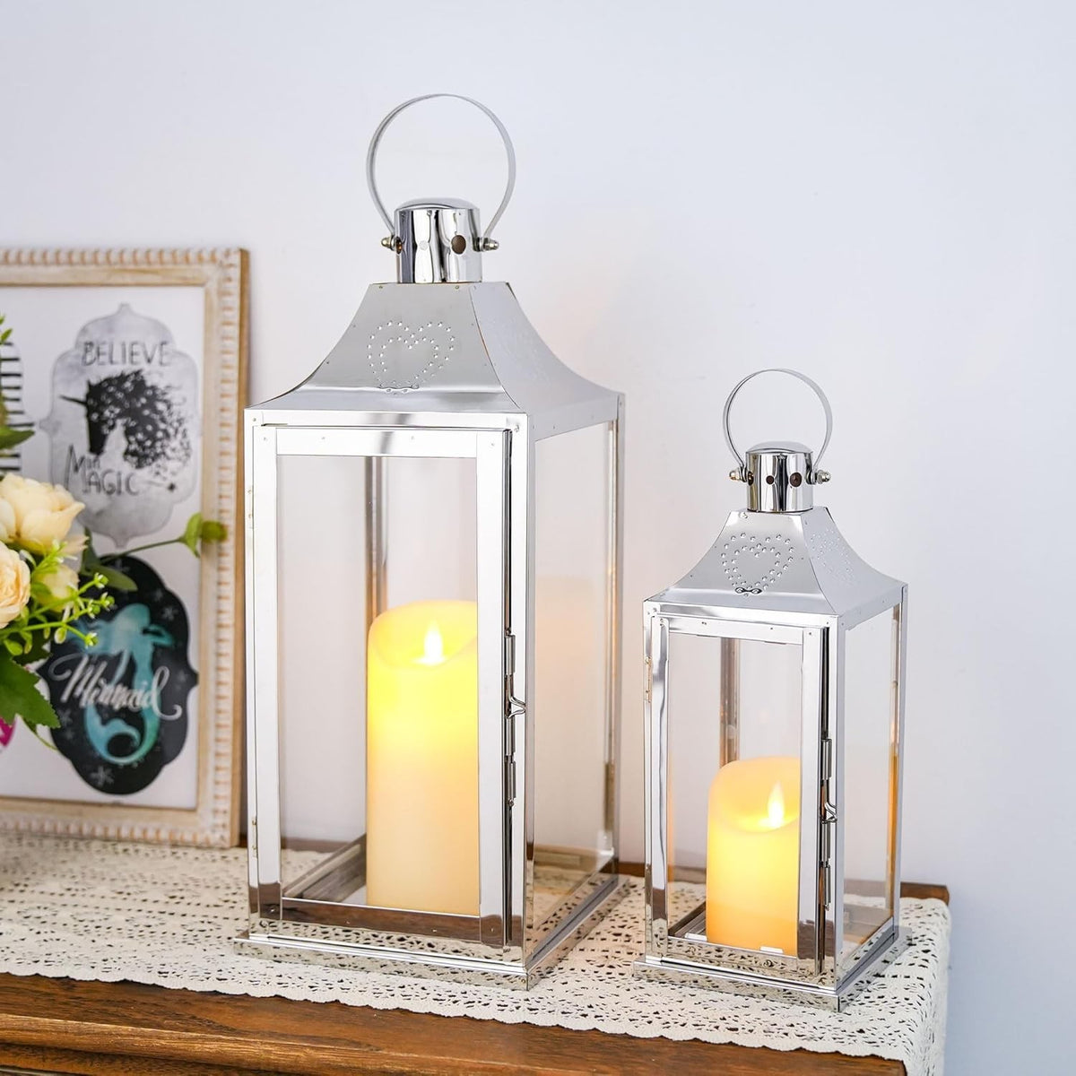 Set of 2 Silver Stainless Steel Candle Lanterns 43 cm & 30 cm