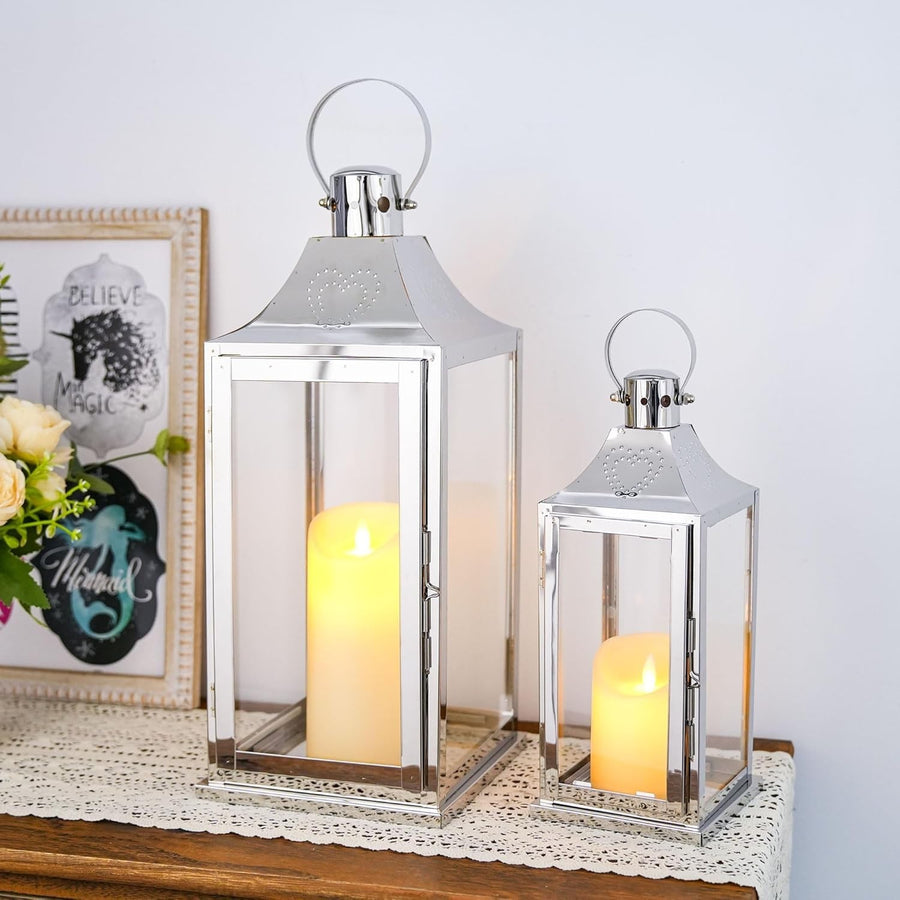 Set of 2 Silver Stainless Steel Candle Lanterns 43 cm & 30 cm