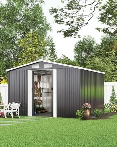 Lockable 10x8 FT Metal Garden Shed with Base Outdoor Storage & Roof