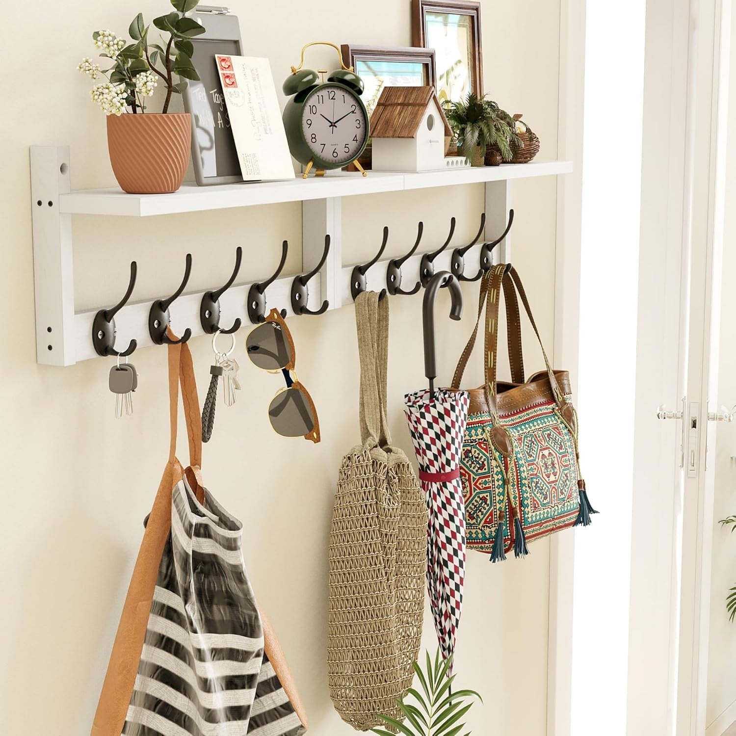 Wooden Wall Coat Rack with Shelf 87cm | 10 Hooks for Coats Hats Bags Keys