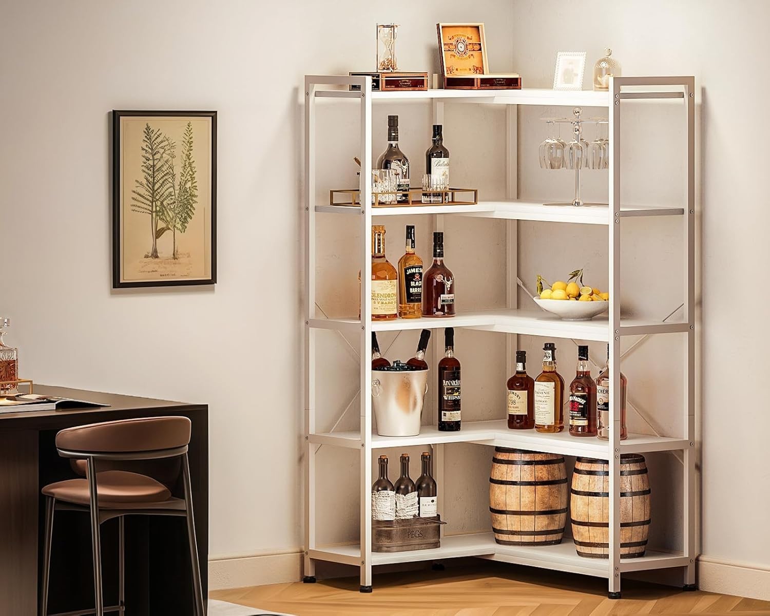 5 Tier L Shaped Corner Bookcase White Metal & Wood Storage Shelf