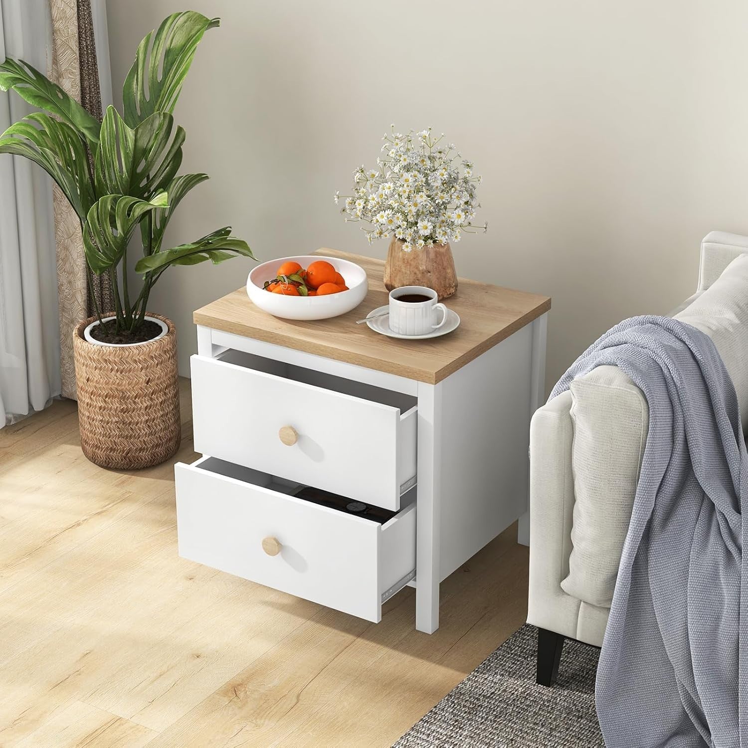 White 2 Drawer Bedside Table with Wood Top – Modern Nightstand