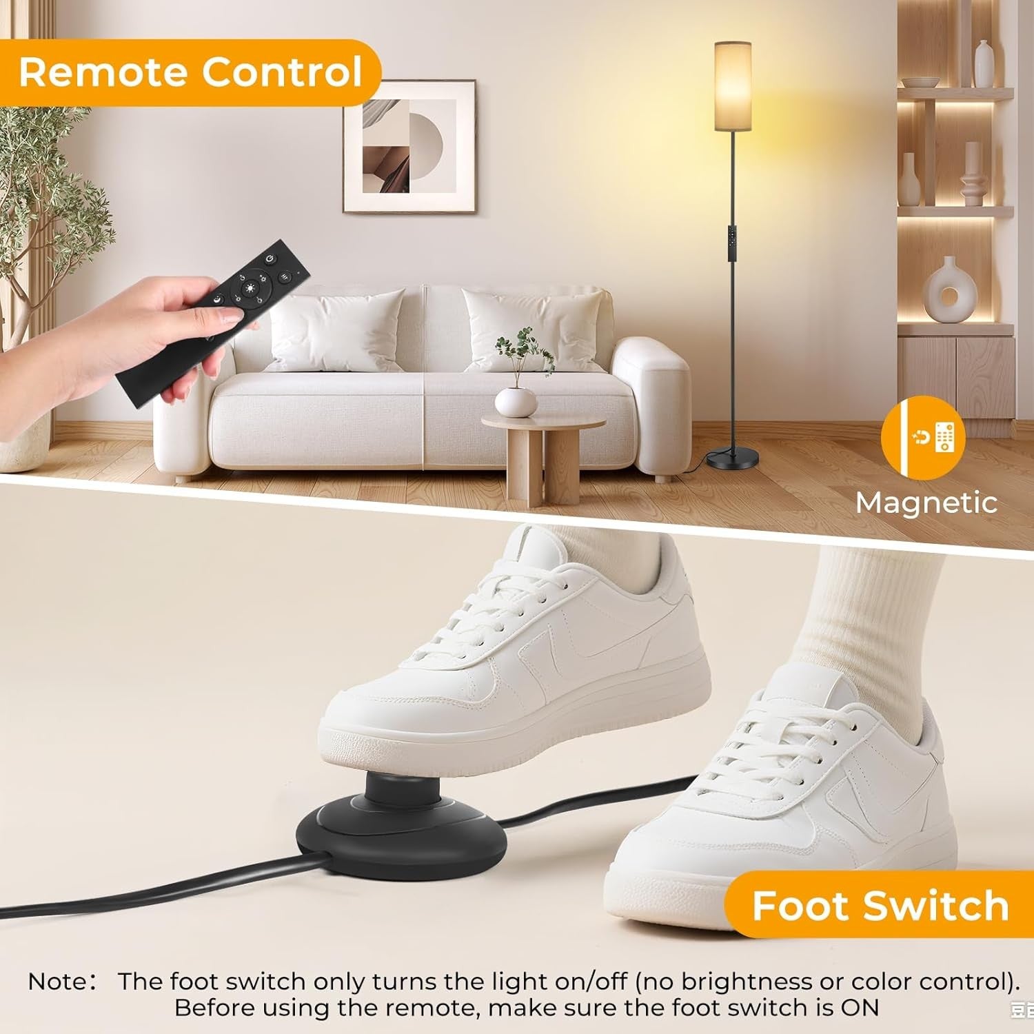 Modern Floor Lamp Linen Shade Remote Foot Switch Dimmable Tall Standing Light