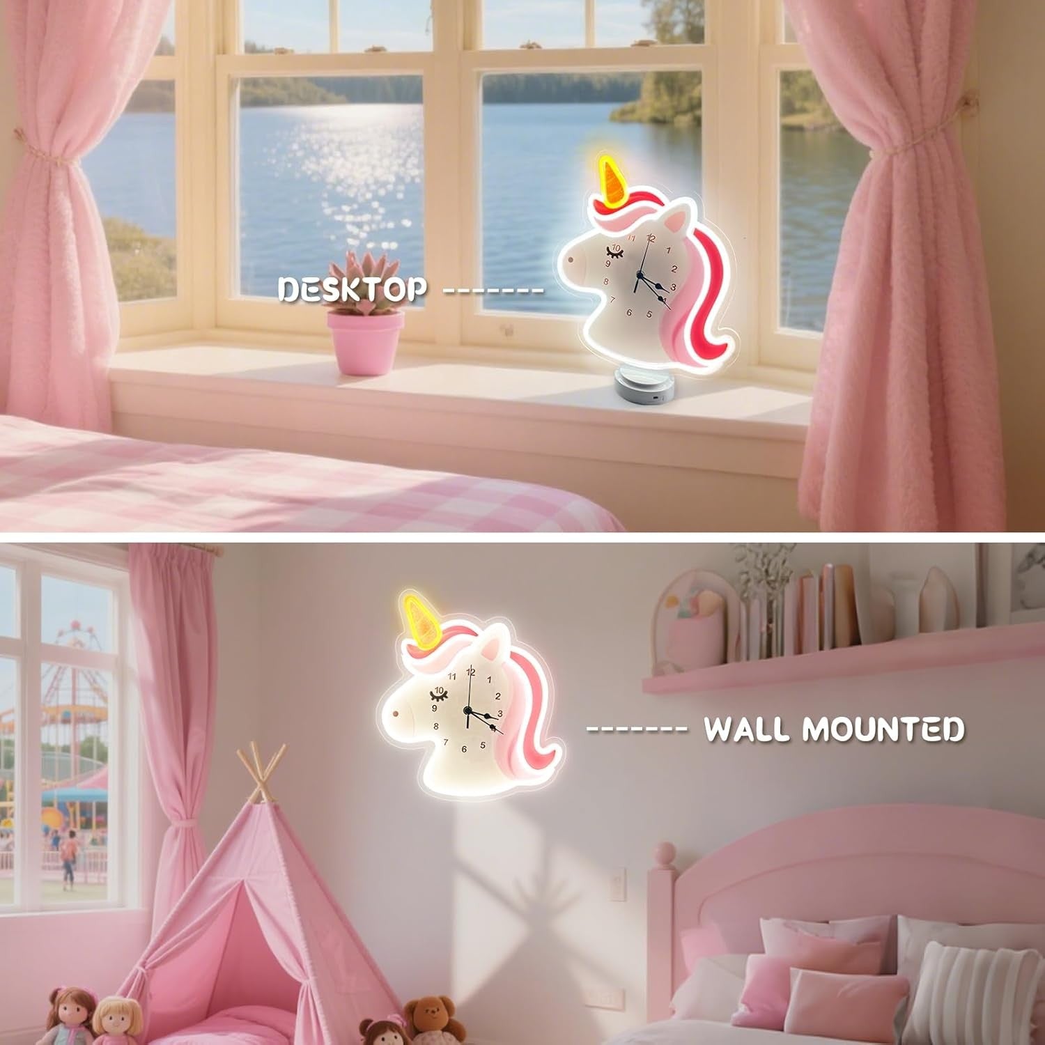 Unicorn Neon Wall Clock LED Dimmable Silent Kids Bedroom Home Decor