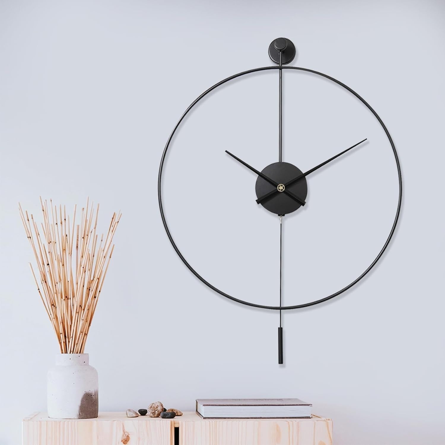 Silent Large Wall Clock with Pendulum - Modern Non-Ticking Metal Decor 24"