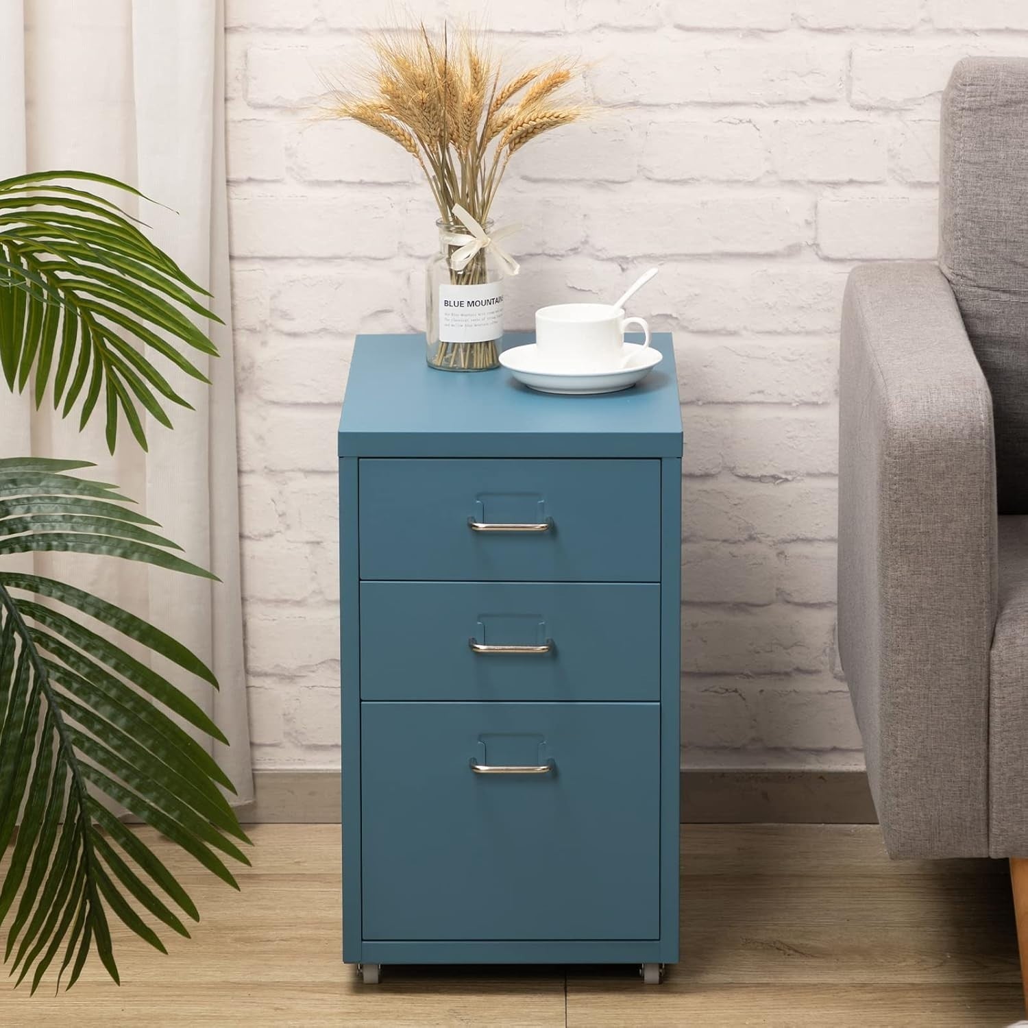 Dark Blue Metal Rolling Drawer Unit 3 Tier Under Desk Storage