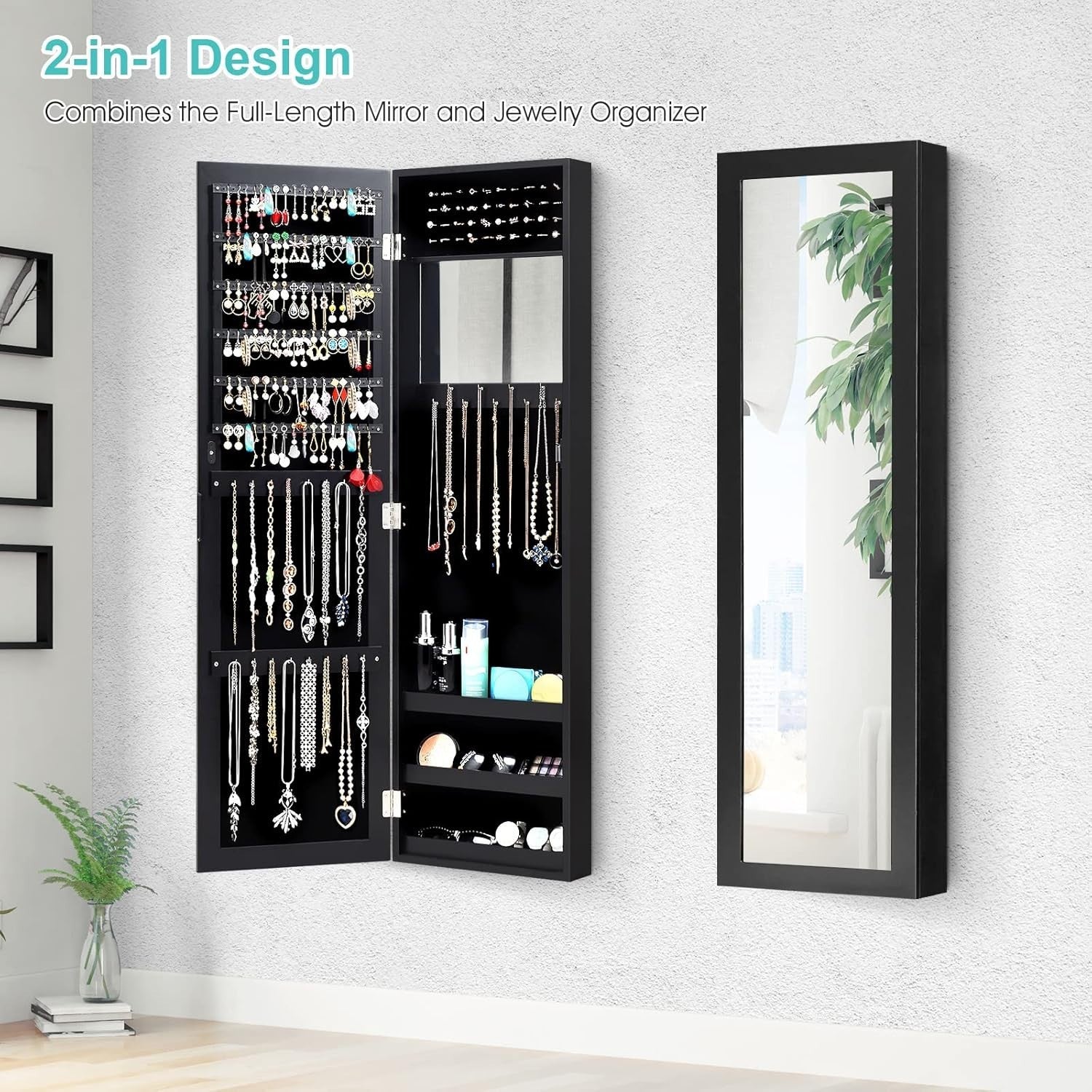 Wall Mounted Jewelry Cabinet Full Length Mirror Door Hanging Organizer
