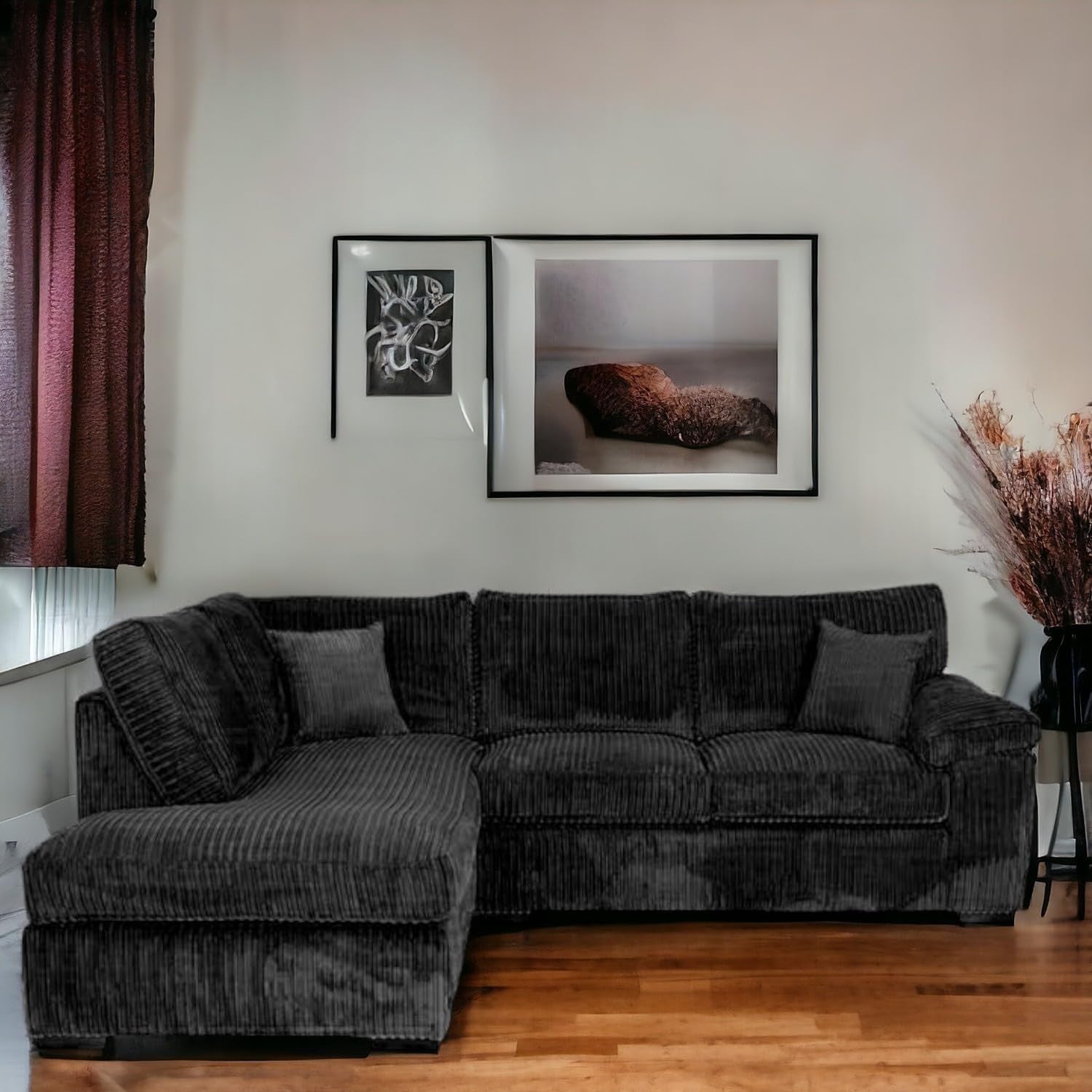 Black Jumbo Cord L-Shape 4-Seater Left Corner Sofa – Stylish, Space-Saving Comfo