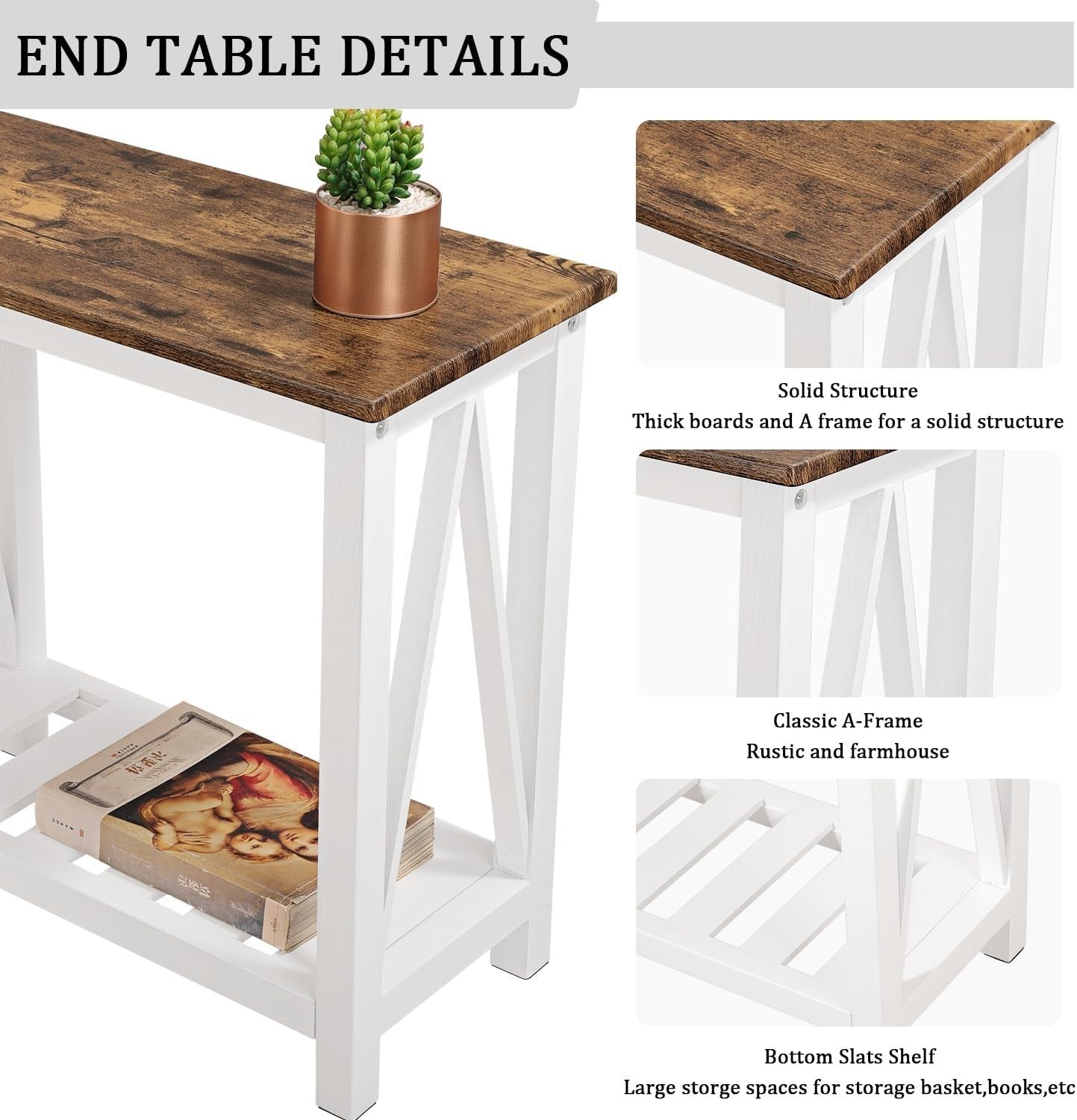 Narrow Brown & White Side Table with Storage Shelf, Rustic Nightstand