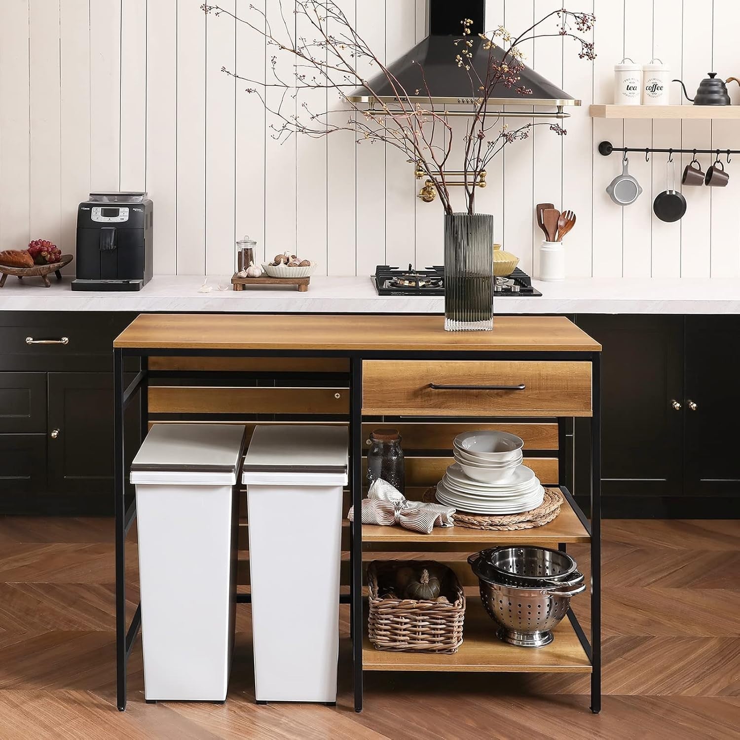 Kitchen Island Trolley with Drawer & Shelves, Mobile Worktop Cart 120cm