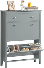 Slim Modern Grey Shoe Cabinet with Drawer & Flip Doors, 12-Pair Storage