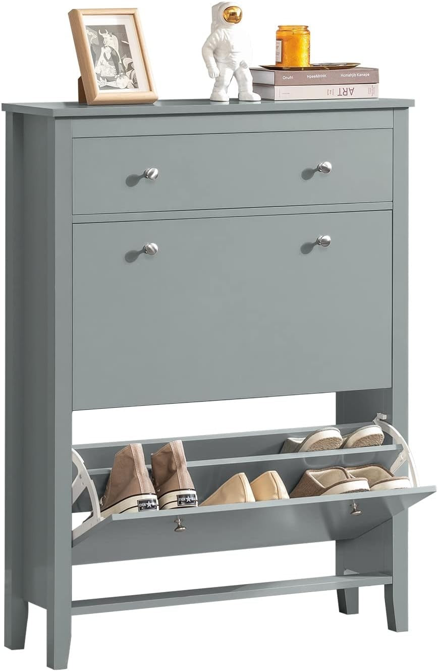 Slim Modern Grey Shoe Cabinet with Drawer & Flip Doors, 12-Pair Storage