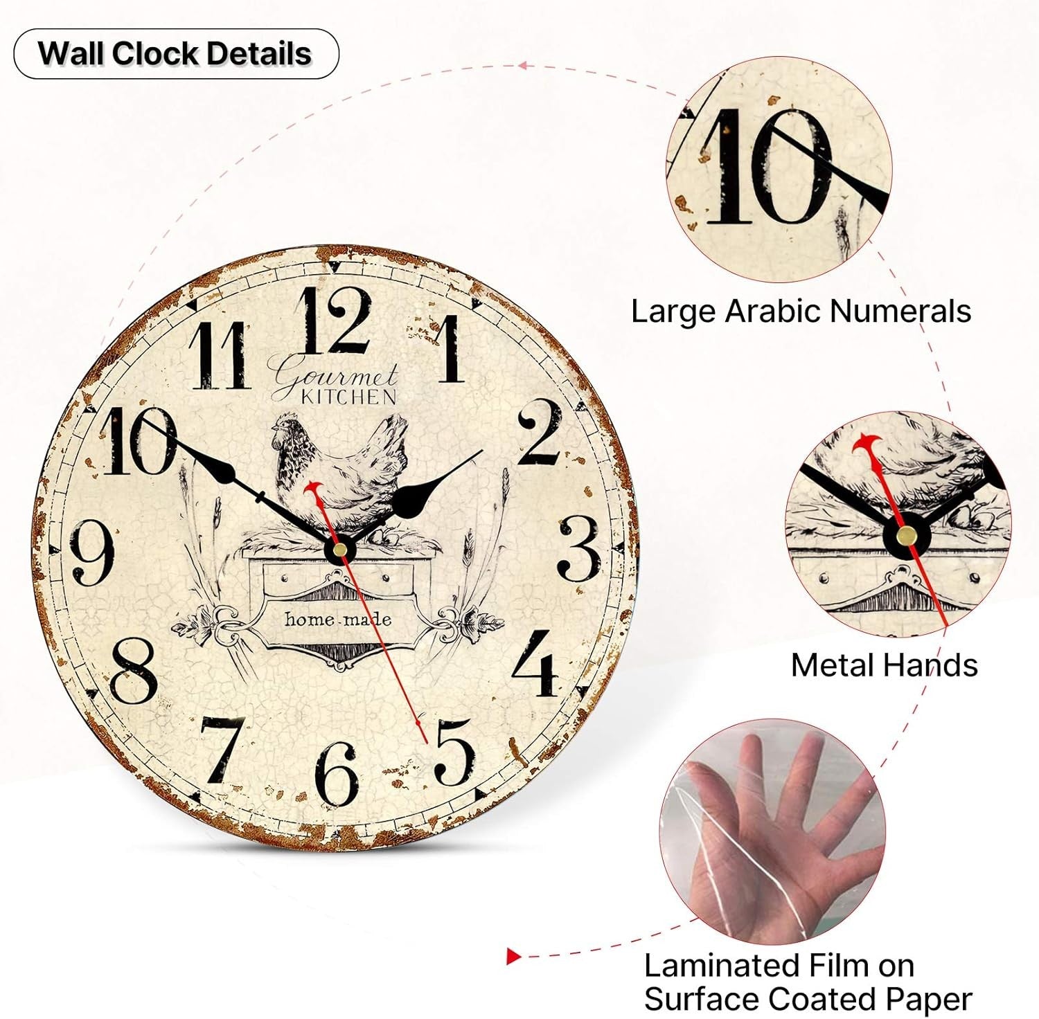 Rustic French Country Wall Clock 14" Silent Non-Ticking Vintage Wood Kitchen