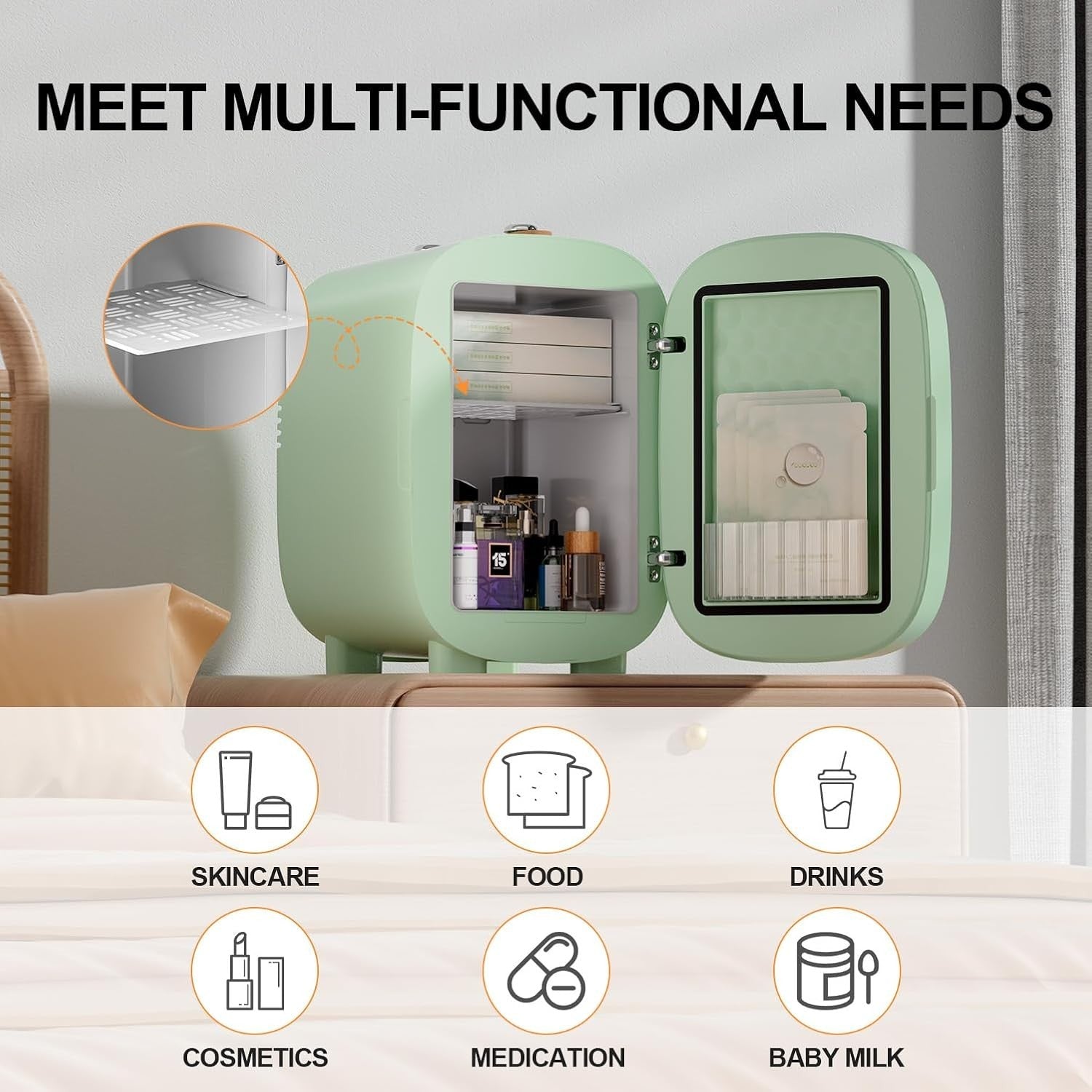 4L Skincare Mini Fridge Cooler & Warmer LED Mirror Portable Green
