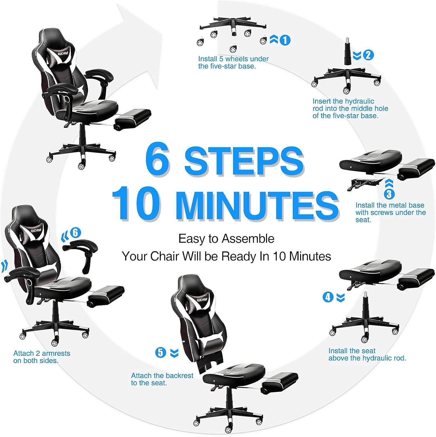 Gaming Chair w/ Footrest Reclining PU Leather White