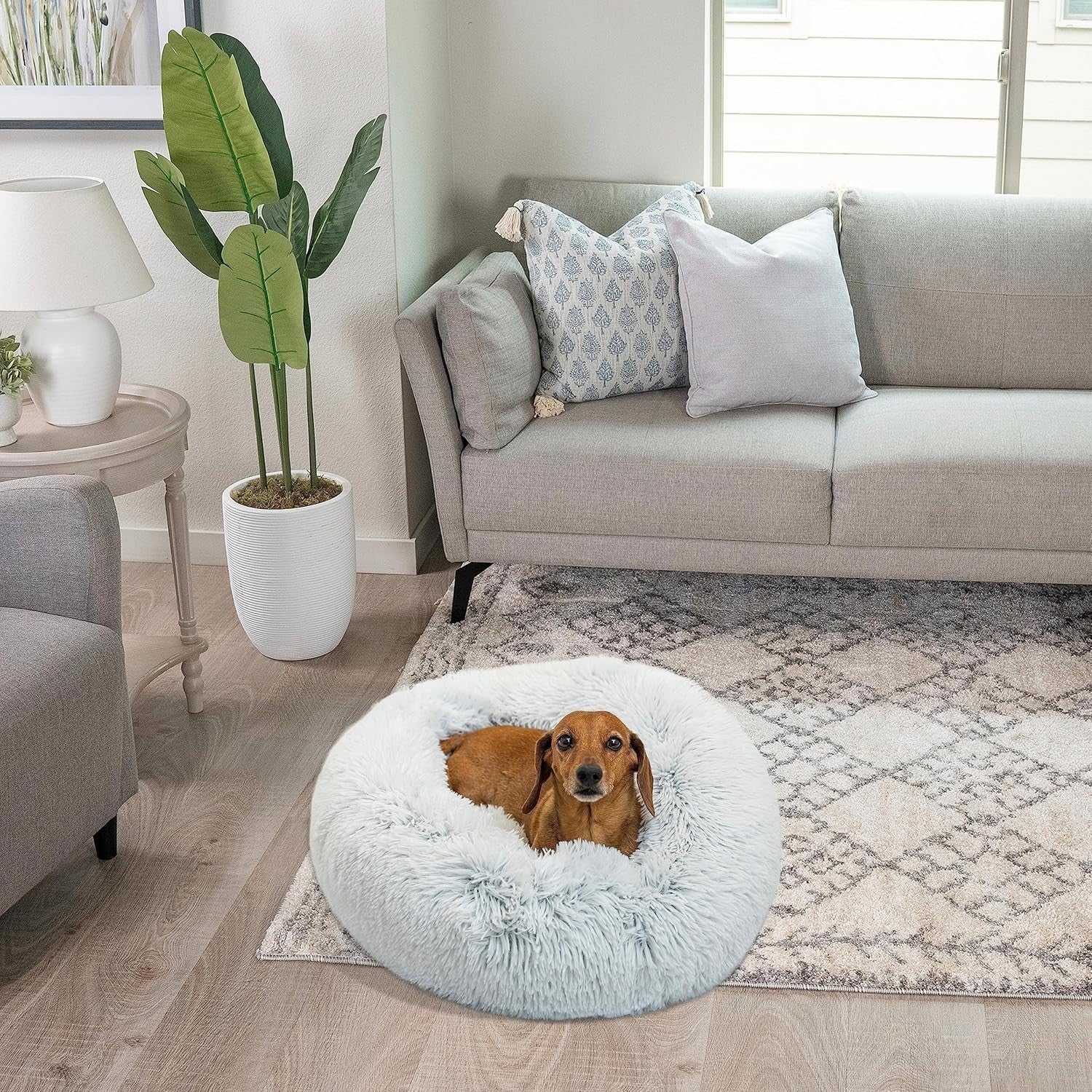 Calming Donut Dog Bed 23x23 Shag Fur Anti Anxiety Small Frost