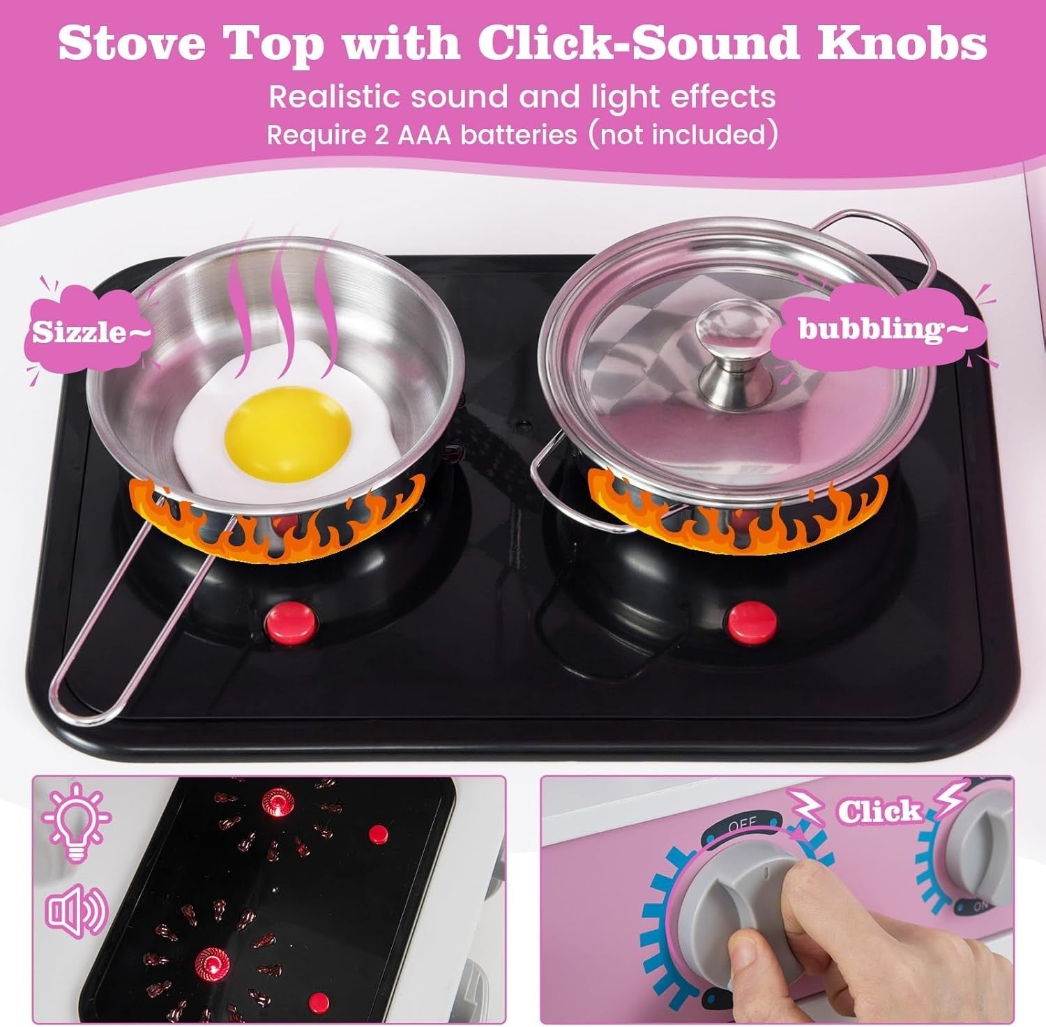 Large Wooden Kids Play Kitchen Pink White Lights Sounds Toy Set