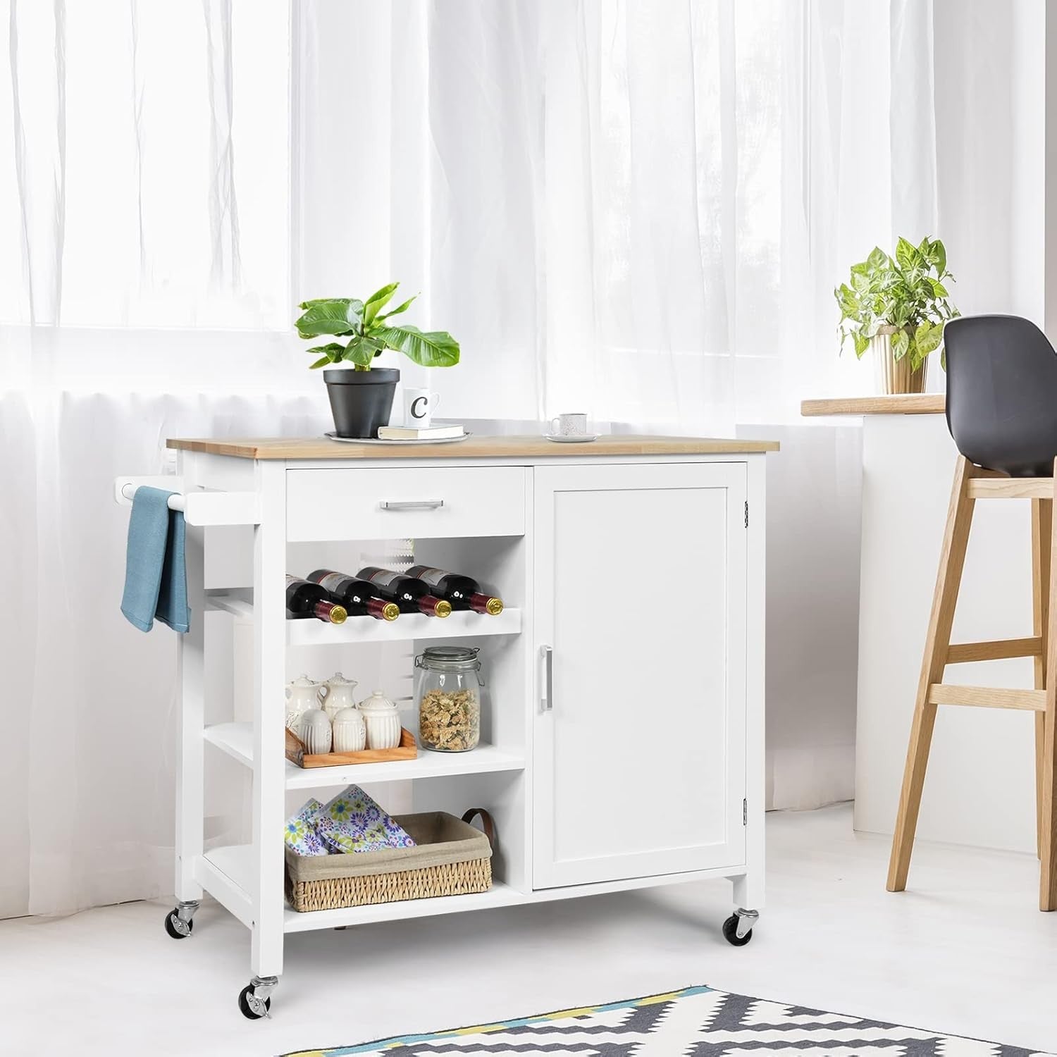 Kitchen Island on Wheels Storage Trolley Wood Top Cabinet Shelves
